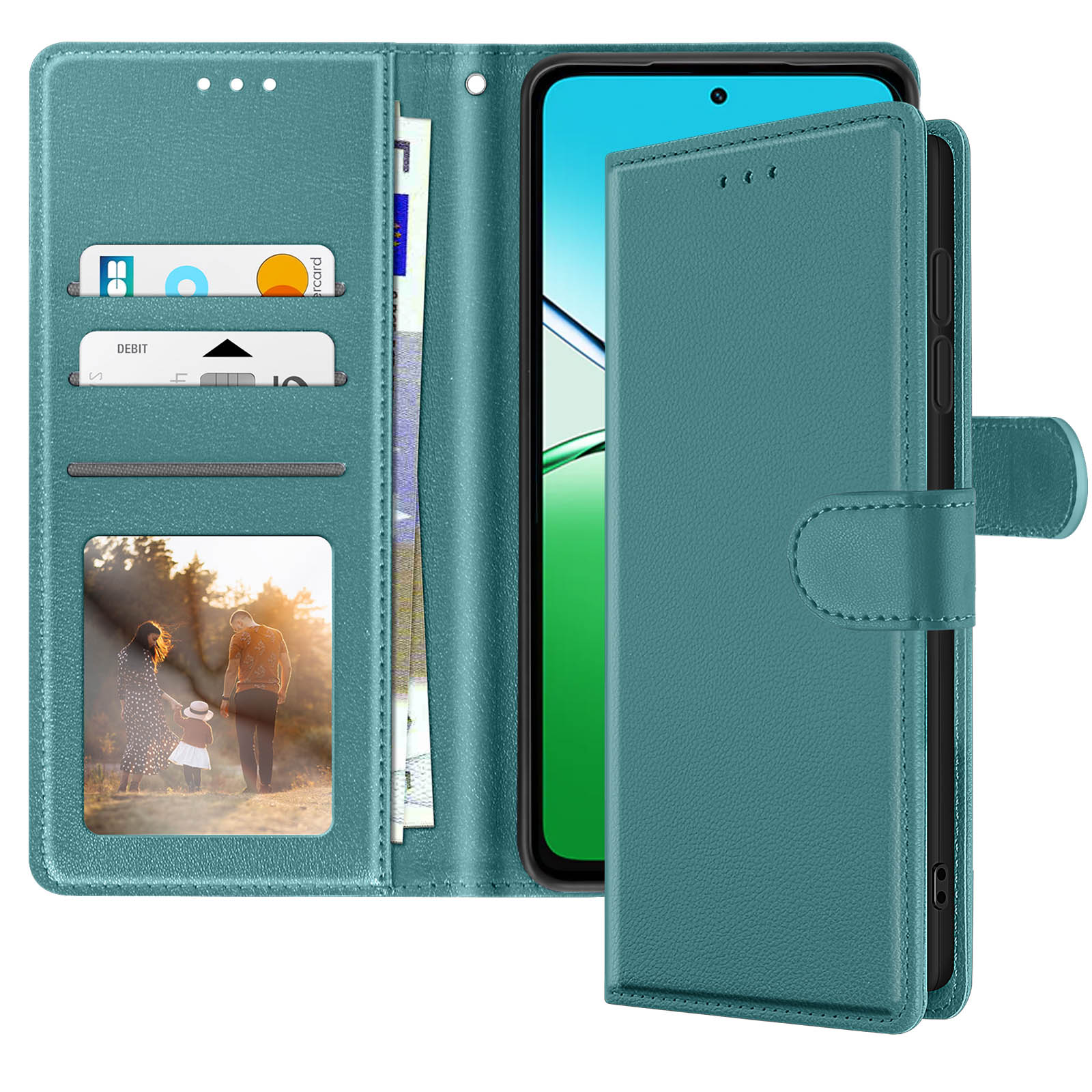 Custodia per telefono verde acqua aperta, telefono all'interno. Contiene carte, denaro e una foto di famiglia. Chiusura chiusa a destra.