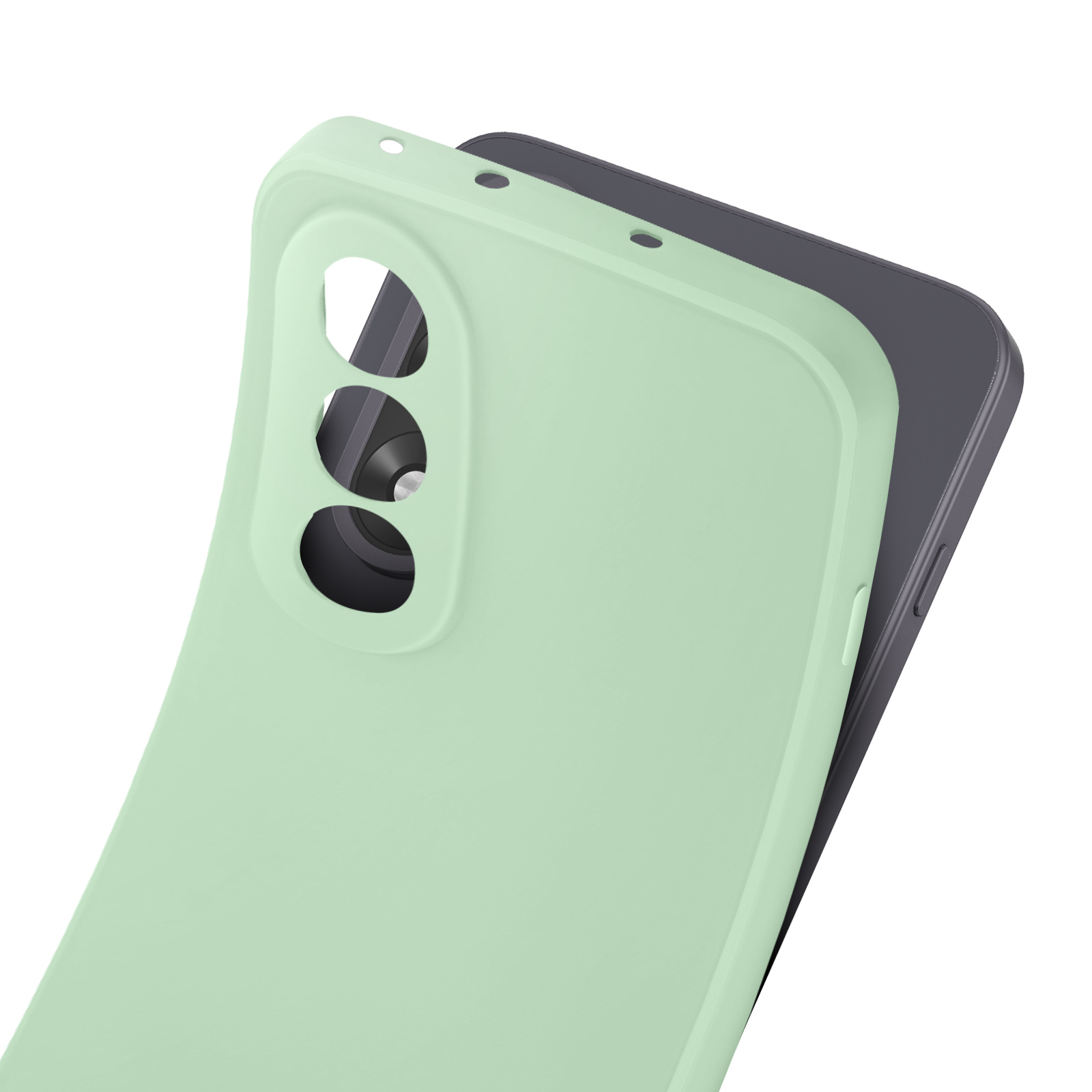 Eine hellgrüne Handyhülle bedeckt teilweise ein dunkelgraues Handy. Die Hülle hat Löcher für die Kamera und ein schlankes Design.