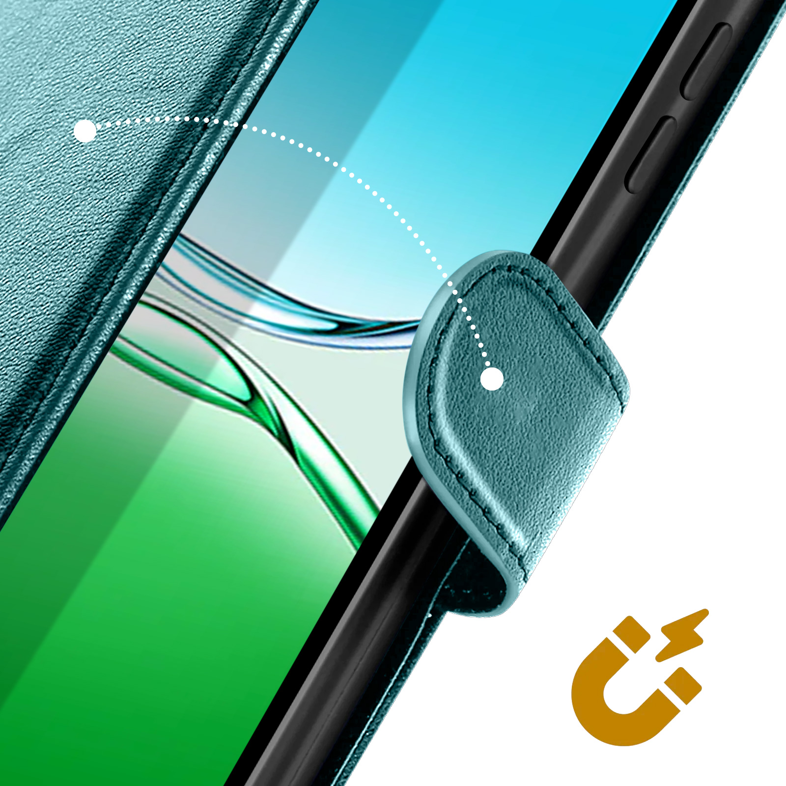 Una custodia per telefono verde acqua è tenuta chiusa da una chiusura magnetica. Lo schermo del telefono è visibile. Un simbolo magnetico è sulla destra.