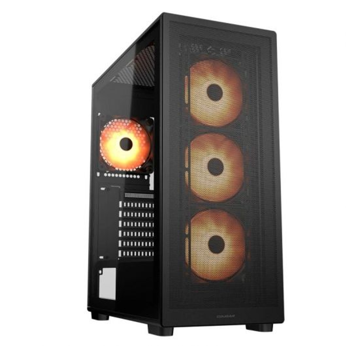 Case PC nero con pannello laterale in vetro. All'interno, ventole arancioni e un pannello frontale a rete nero. Le ventole sono illuminate.