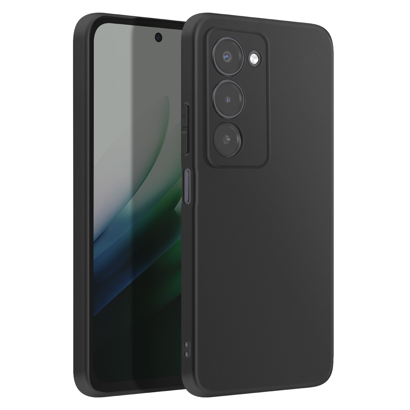 Uno smartphone nero in una custodia nera, parzialmente aperto, che mostra lo schermo. Tre obiettivi della fotocamera sul retro.
