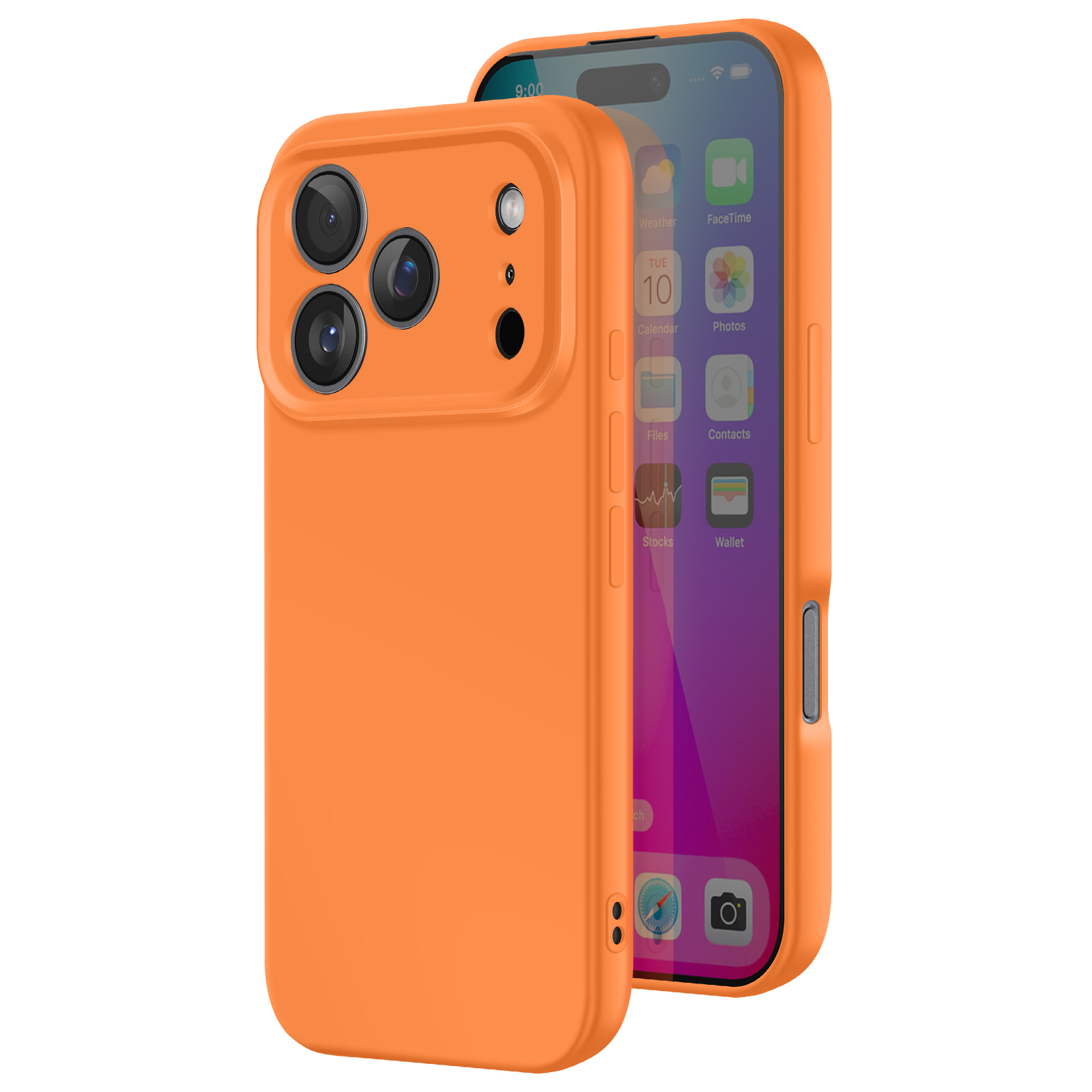 Une coque de téléphone orange avec un téléphone à l'intérieur. Le téléphone affiche des icônes d'applications. La coque a trois lentilles.