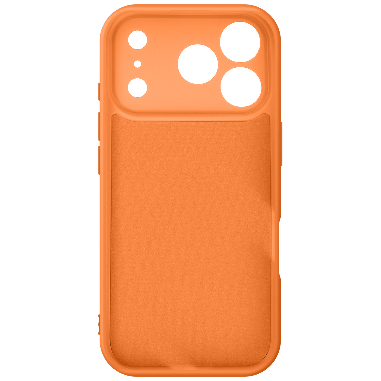 Une coque de téléphone orange. Elle possède des découpes pour les caméras et les boutons. La coque est de couleur unie avec une surface texturée.