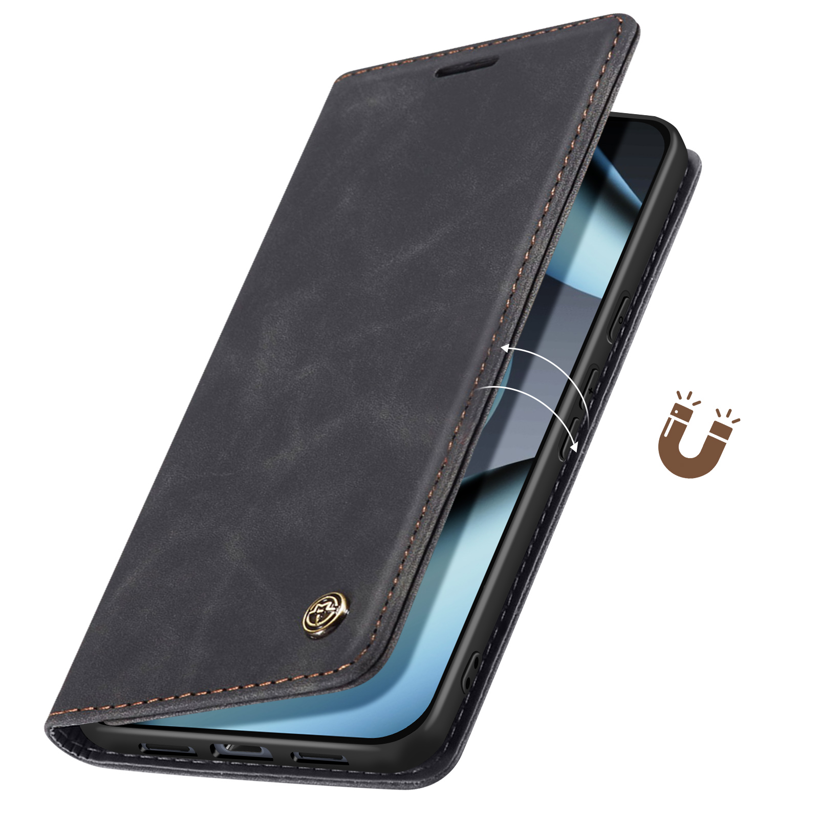 Custodia nera per telefono con coperchio aperto. Cuciture marroni e bottone dorato. Frecce indicano la chiusura magnetica.