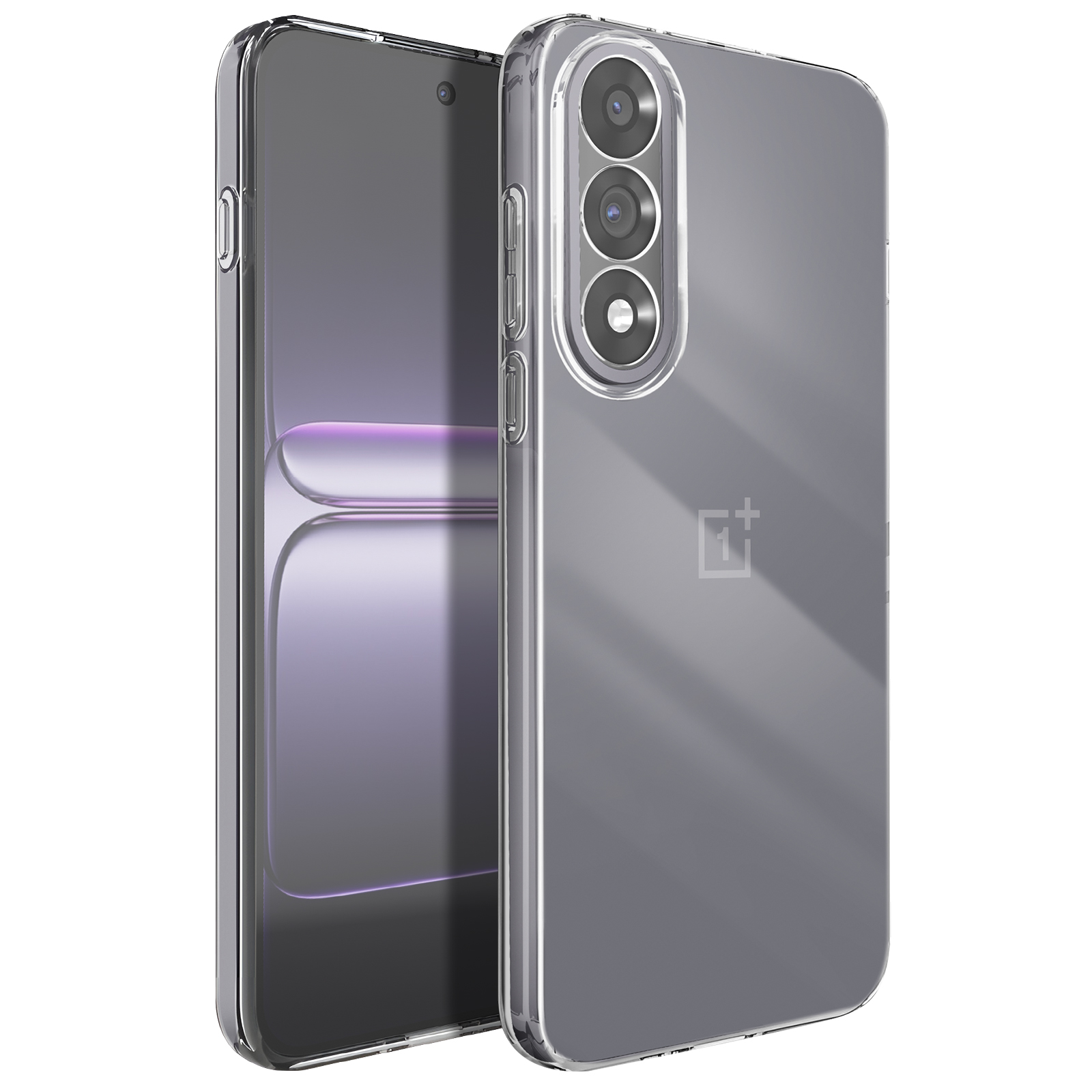Een smartphone in een doorzichtige hoes. De telefoon is grijs en de hoes heeft een transparante plastic cover. Drie camera's zijn zichtbaar.