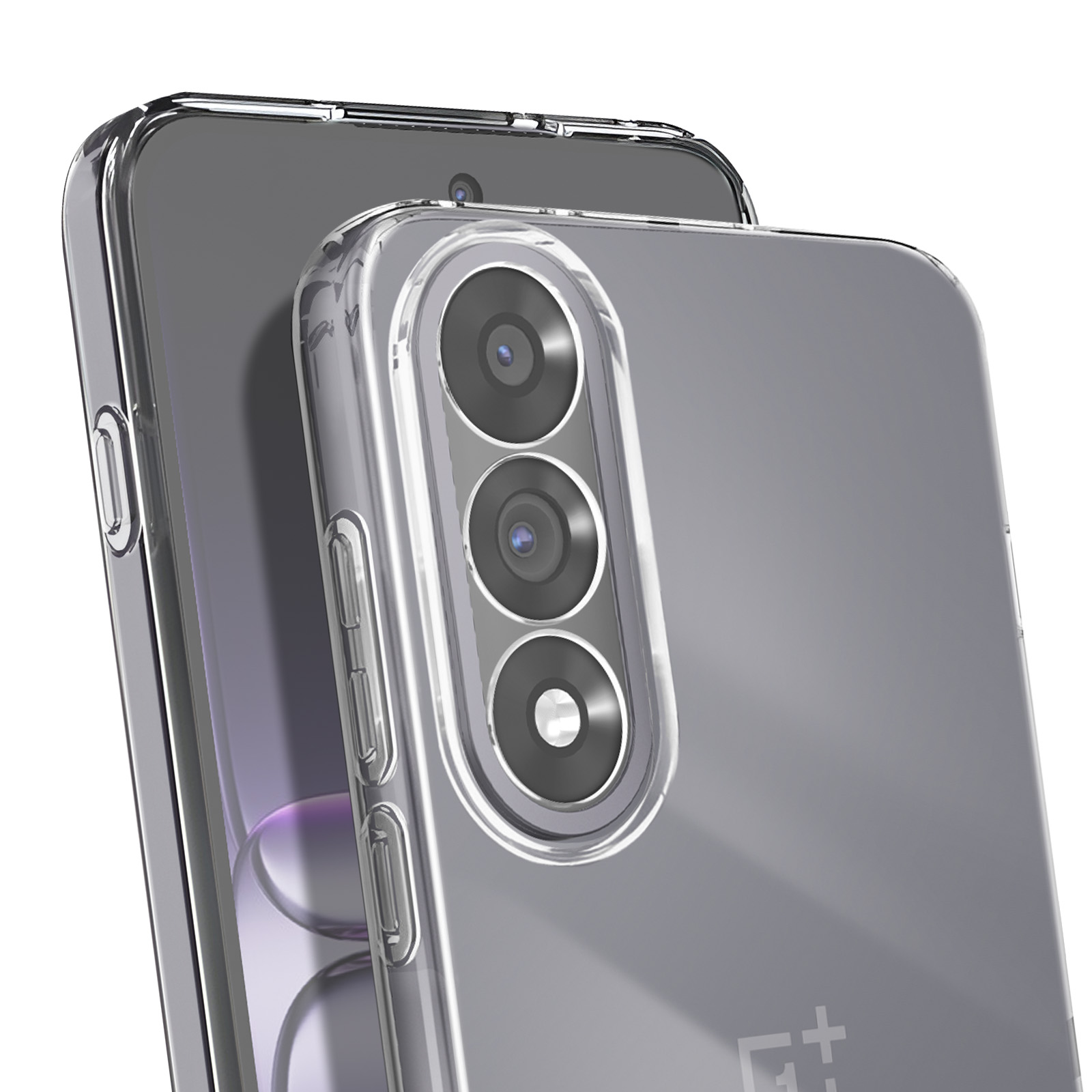 Twee smartphones, een bedekt met een doorzichtige hoes. De achterkant van de telefoon heeft drie lenzen. De hoes is transparant.