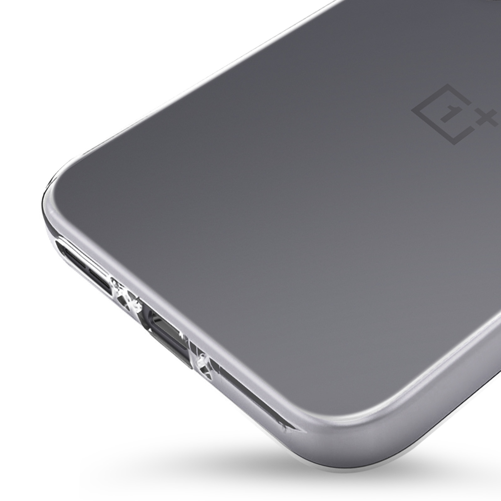 Close-up van een grijze smartphone met een doorzichtige hoes, met het OnePlus-logo, tegen een witte achtergrond.