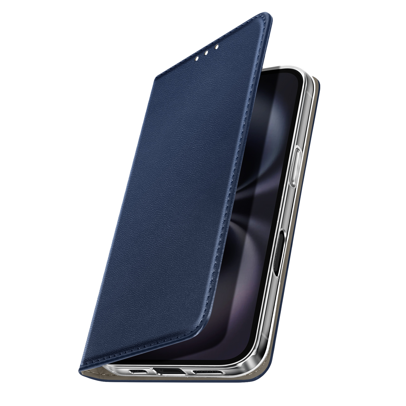 Una custodia blu per telefono è aperta, rivelando uno smartphone. La custodia è simile alla pelle e il telefono ha una cornice argentata.