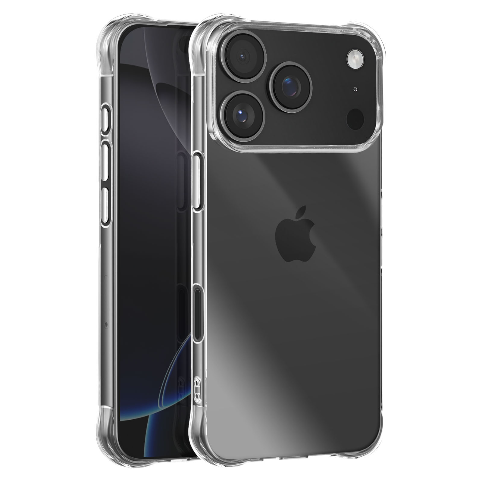 Twee smartphones, één in een doorzichtige hoes. De hoes is transparant en toont het ontwerp van de telefoon. Apple-logo zichtbaar.
