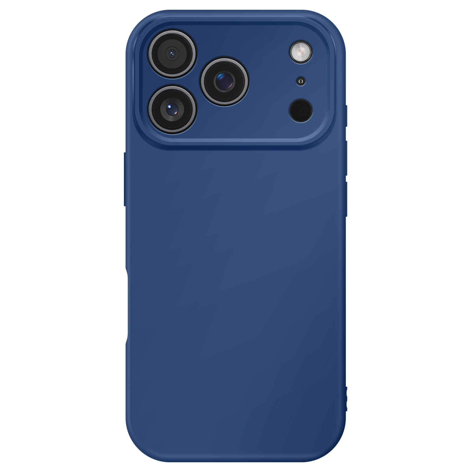 Een donkerblauwe telefoonhoes met drie cameralenzen, een flitser en een kleine zwarte cirkel. De hoes staat op een witte achtergrond.