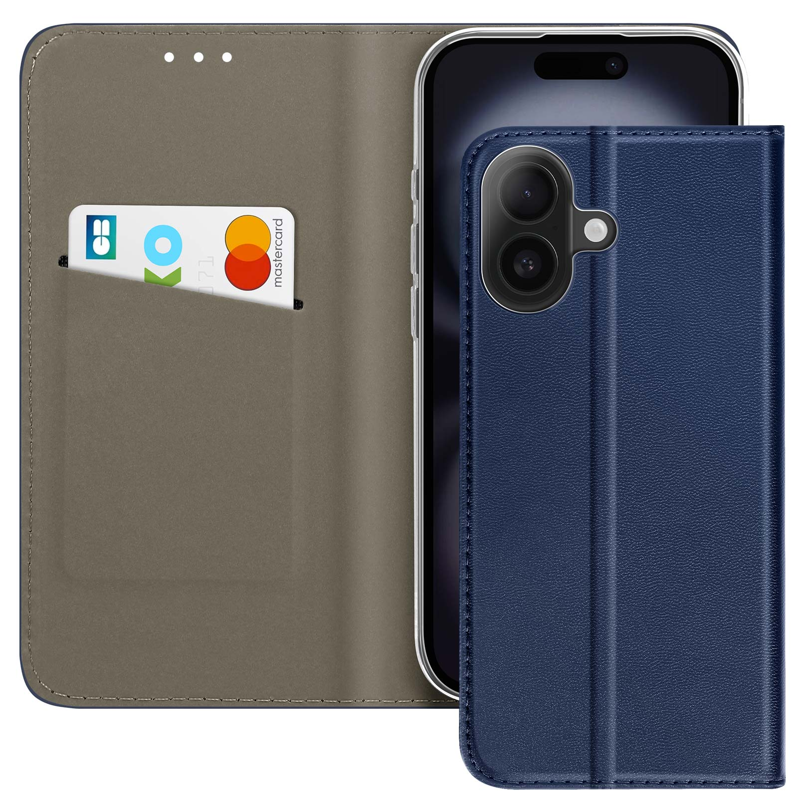 Una custodia blu per telefono con un telefono all'interno e una carta in tasca. La carta ha un logo KO e un logo Mastercard.