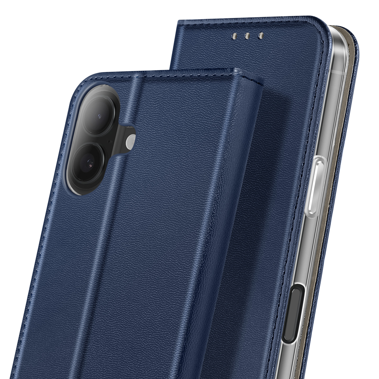 Primo piano di una custodia per telefono in pelle blu, parzialmente aperta. Mostra la fotocamera e i pulsanti laterali del telefono.