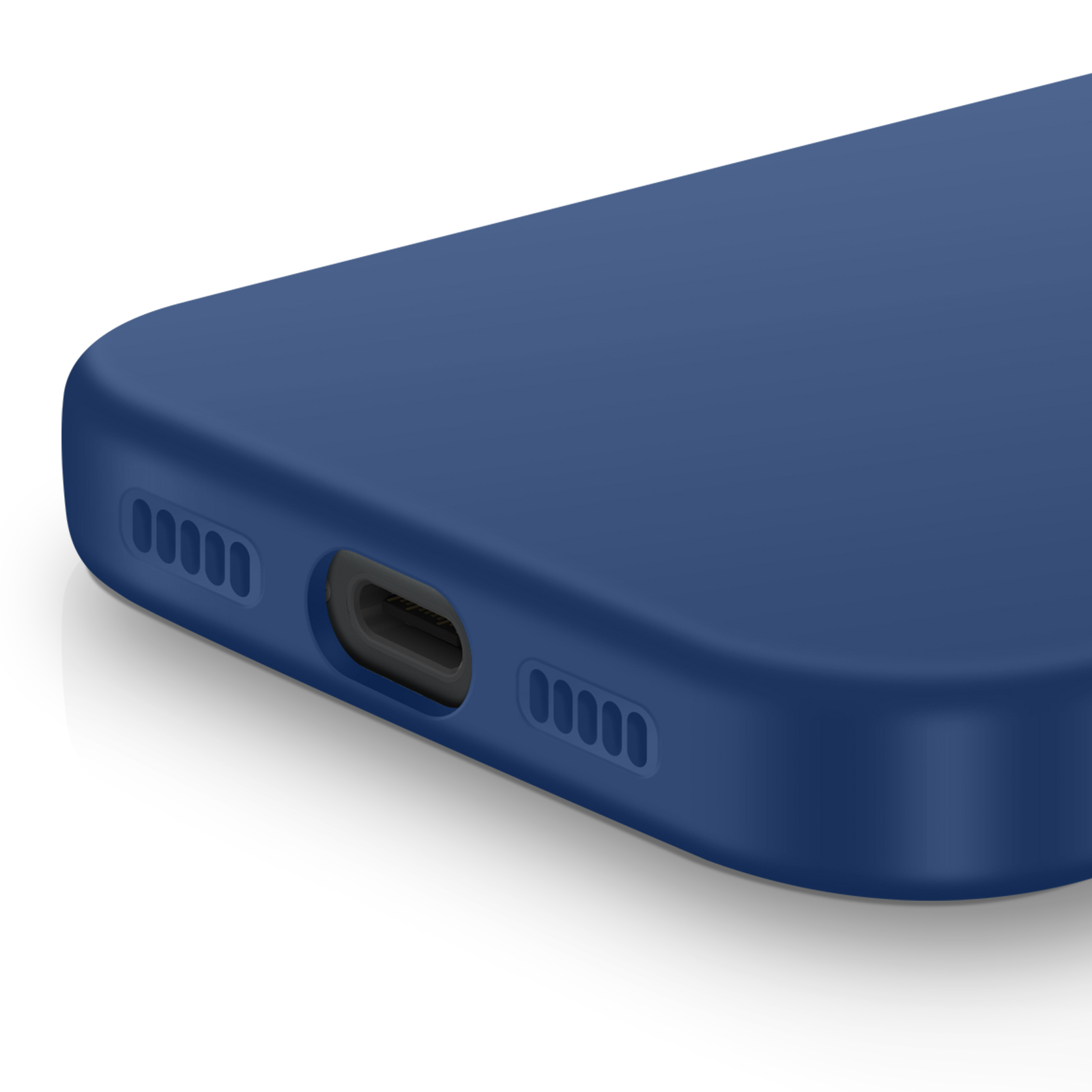 Close-up van een blauwe telefoon. Zichtbaar zijn luidsprekergaten, een oplaadpoort en de gebogen rand van de telefoon.