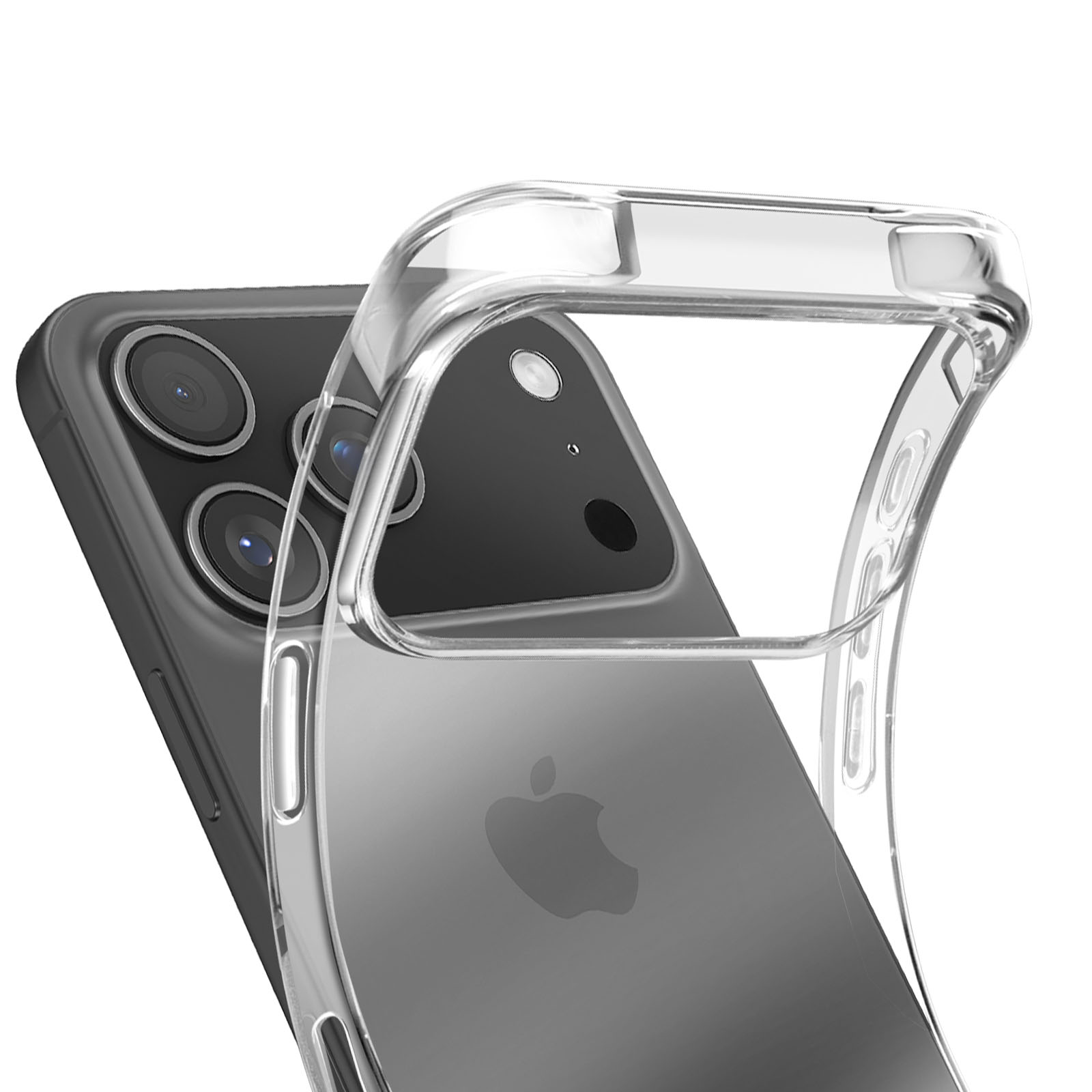 Een iPhone met een doorzichtige beschermhoes. De telefoon heeft drie cameralenzen en een Apple-logo op de achterkant.