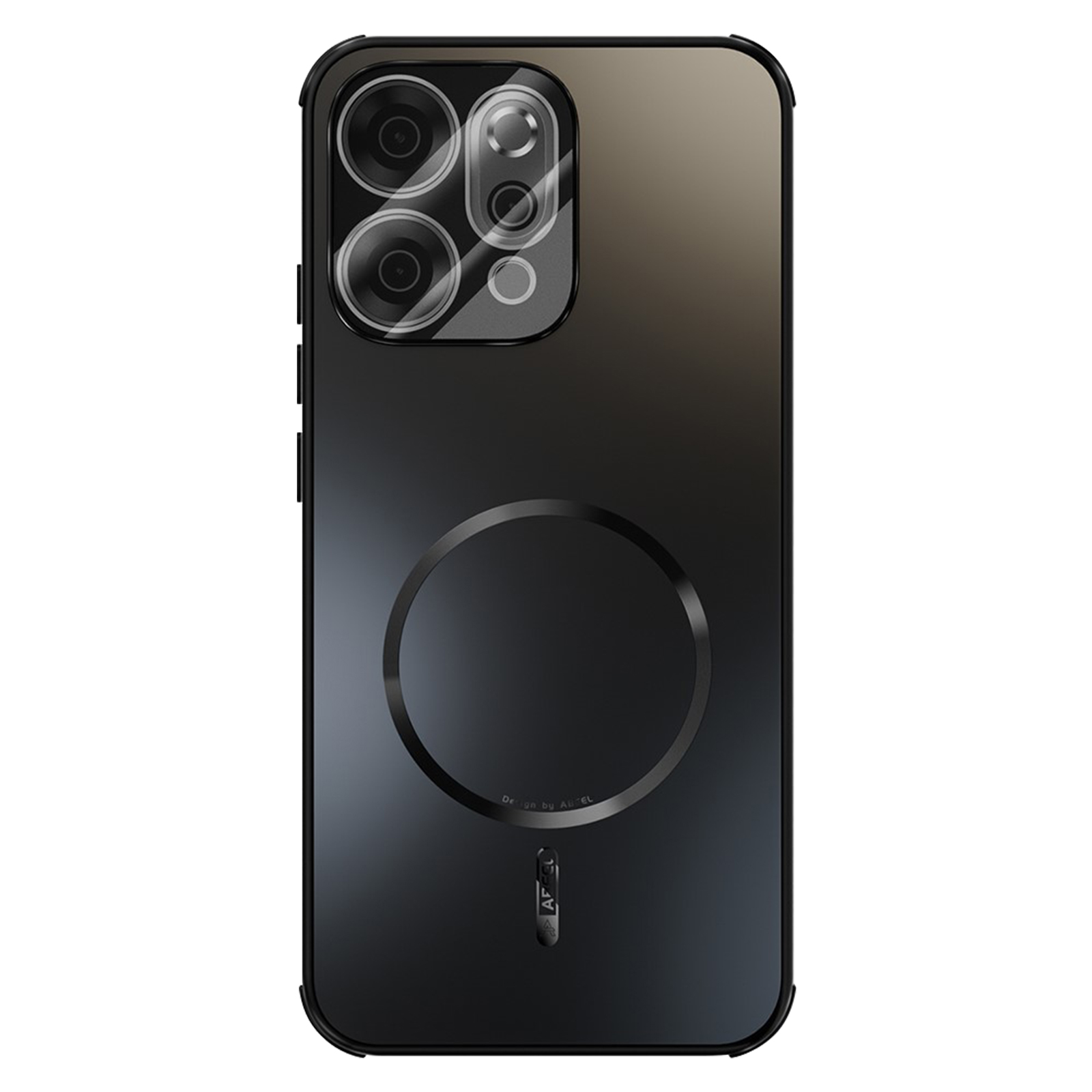 Custodia per telefono nera con fori per fotocamera e anello magnetico circolare. Il retro ha un effetto sfumato.