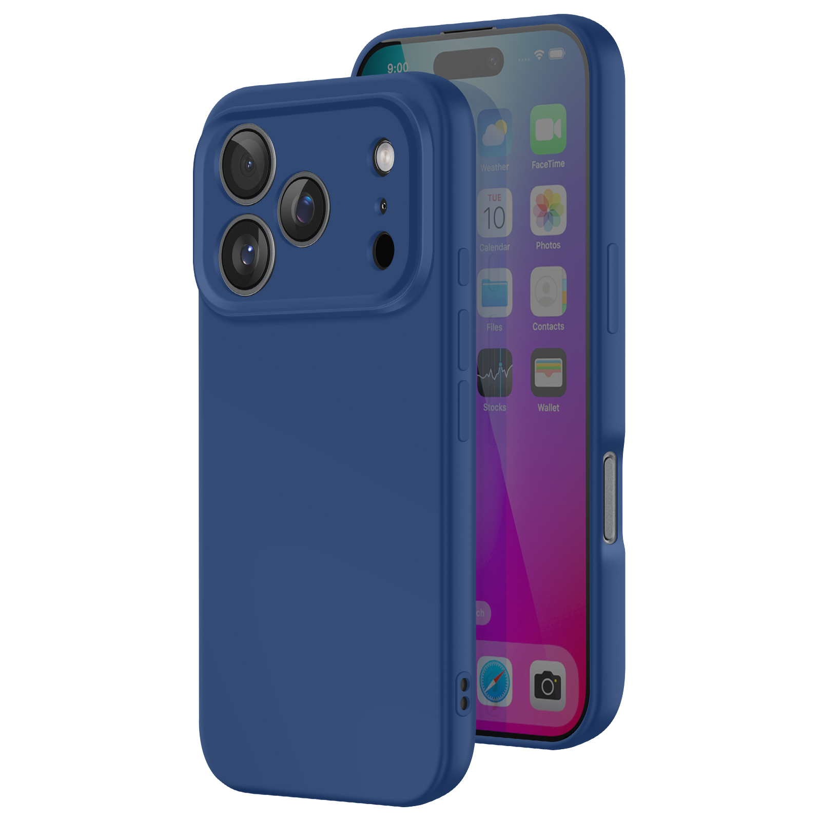 Een blauwe telefoonhoes aan de linkerkant en een telefoon met een blauwe hoes aan de rechterkant. De telefoon toont app-pictogrammen.