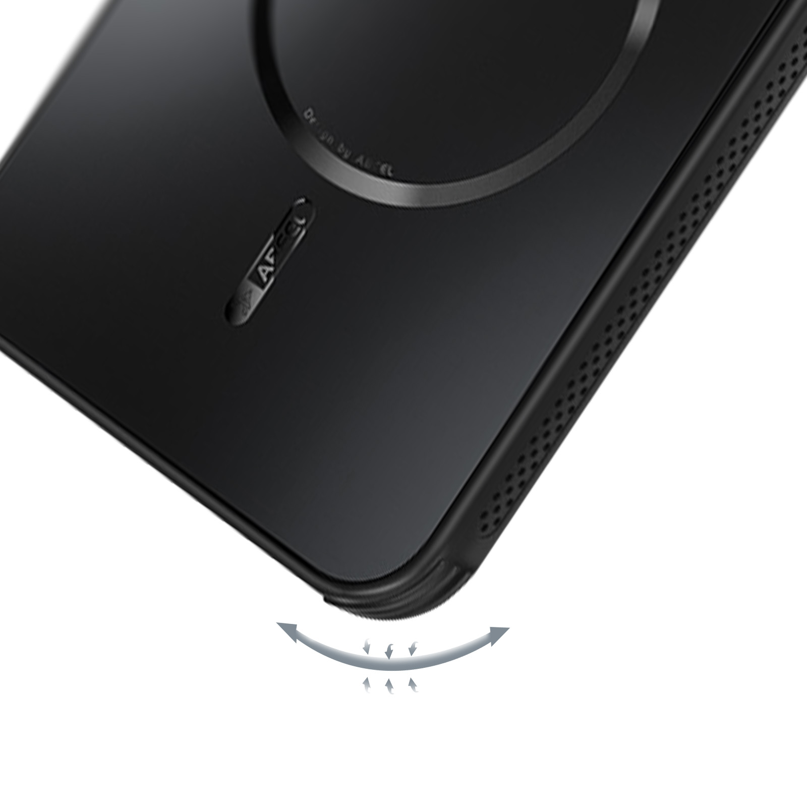 Custodia per telefono nera con design circolare e marchio. Freccia curva con fulmini, sfondo bianco.