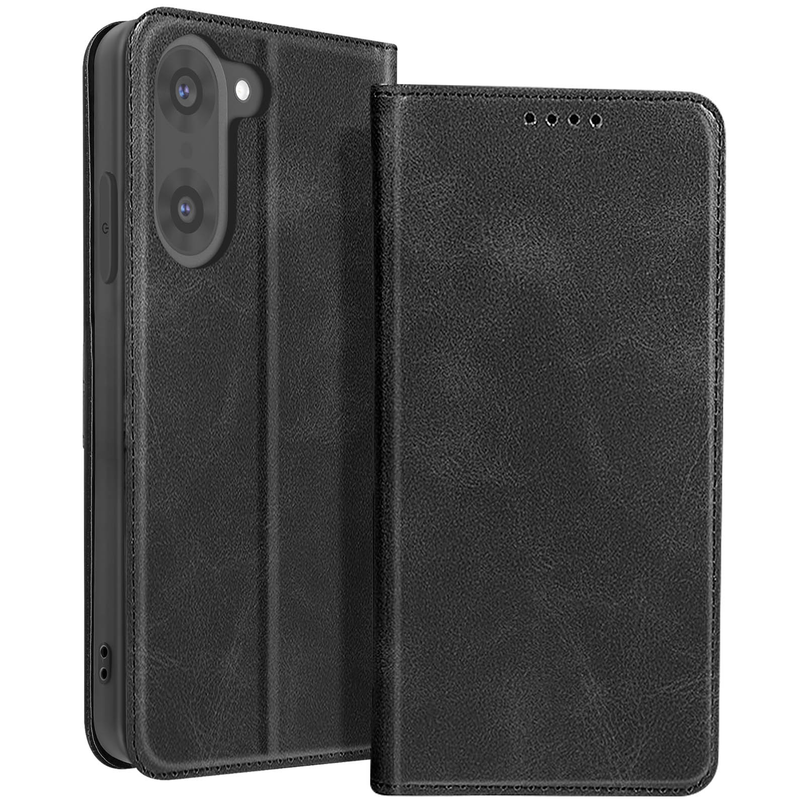 Custodia nera per telefono, aperta lateralmente. Mostra la fotocamera e i pulsanti laterali del telefono.