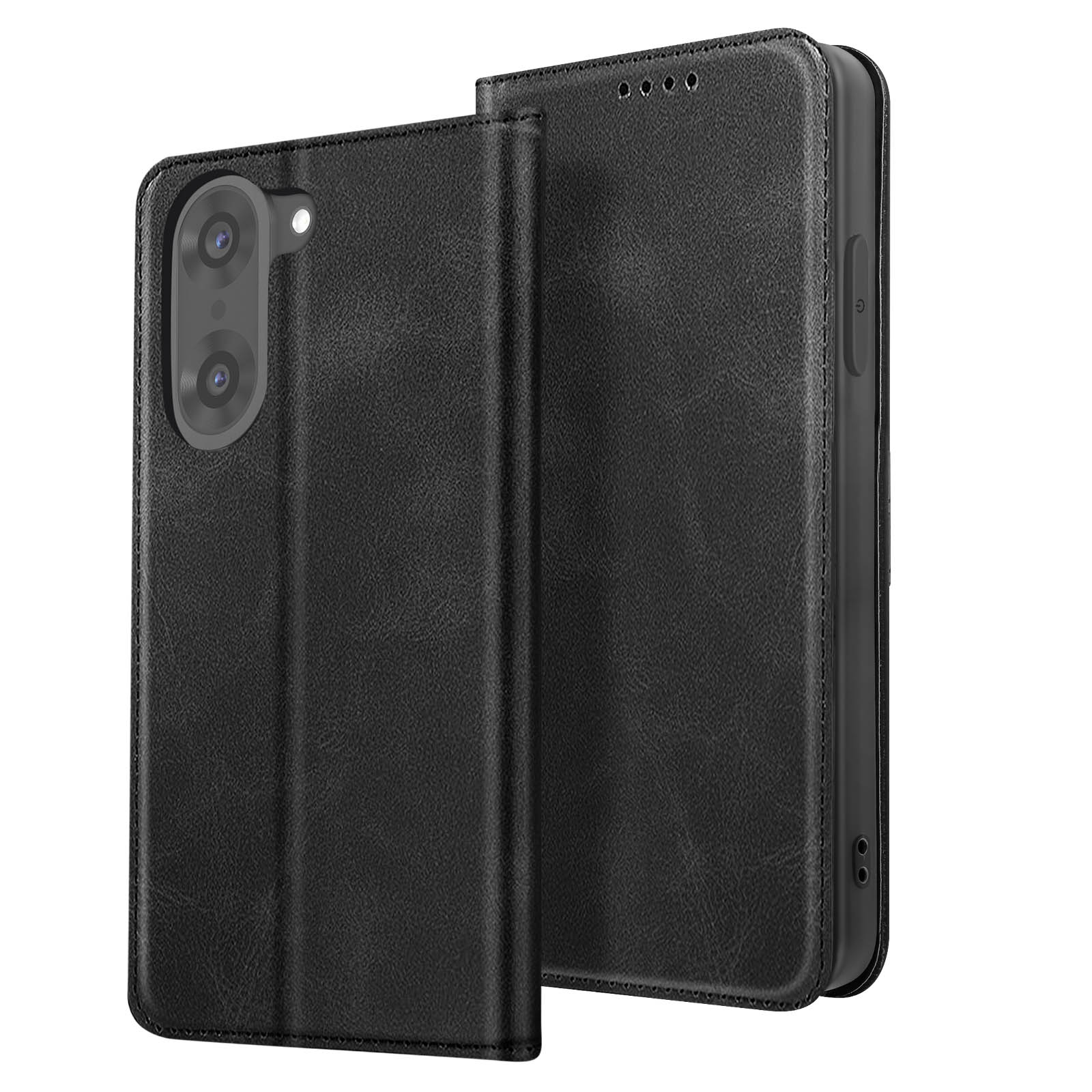 Una custodia per telefono in pelle nera, parzialmente aperta, che rivela la fotocamera e i pulsanti del telefono. La custodia ha una superficie strutturata.