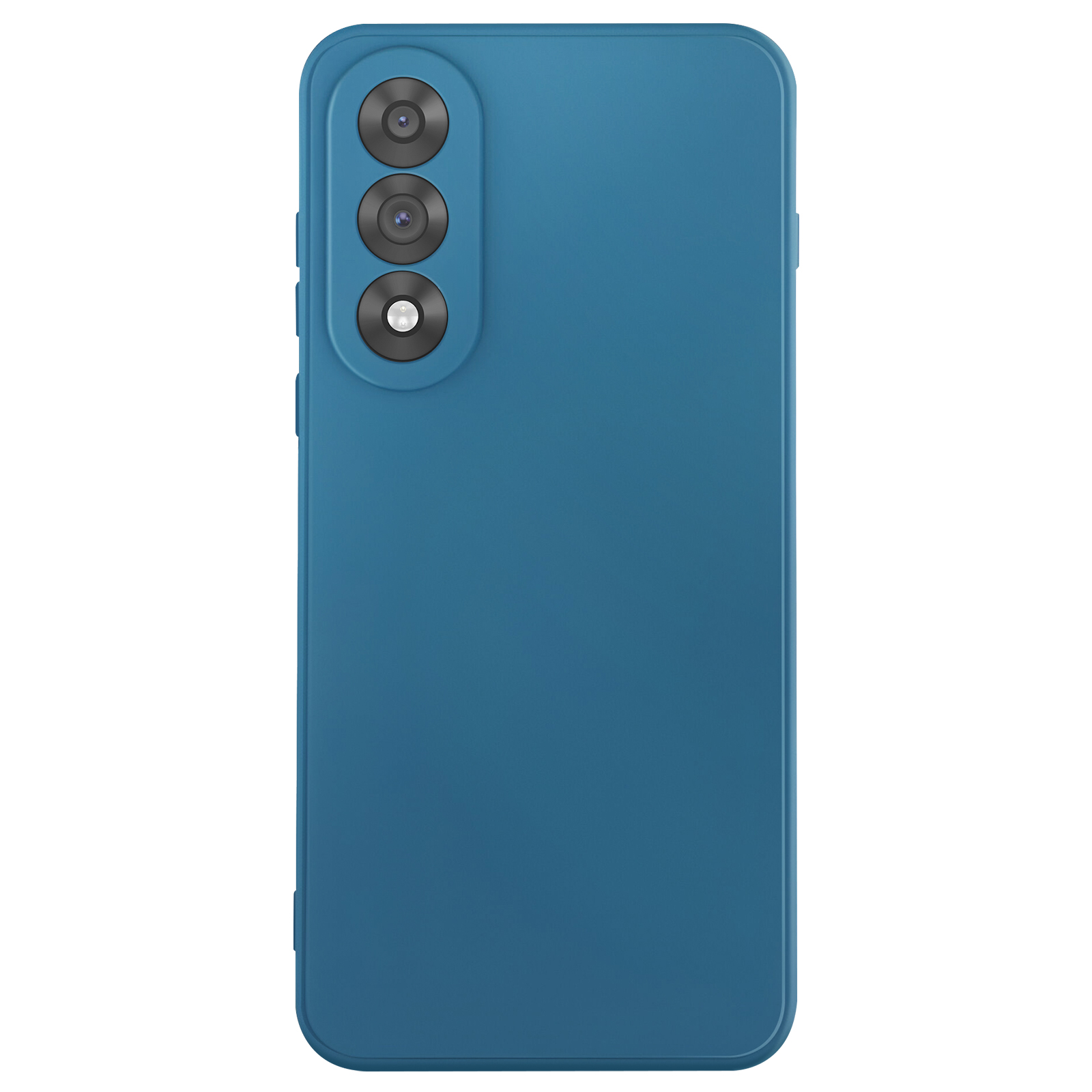 Retro di uno smartphone verde acqua con tre lenti della fotocamera. Il telefono è su sfondo bianco.