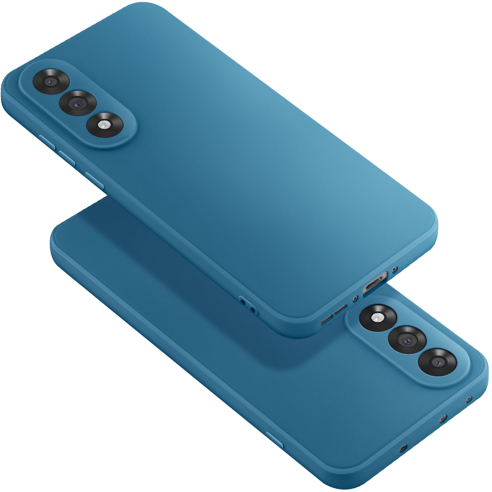 Sono mostrate due custodie per telefoni color teal, una leggermente sopra l'altra. Ognuna ha tre obiettivi della fotocamera.