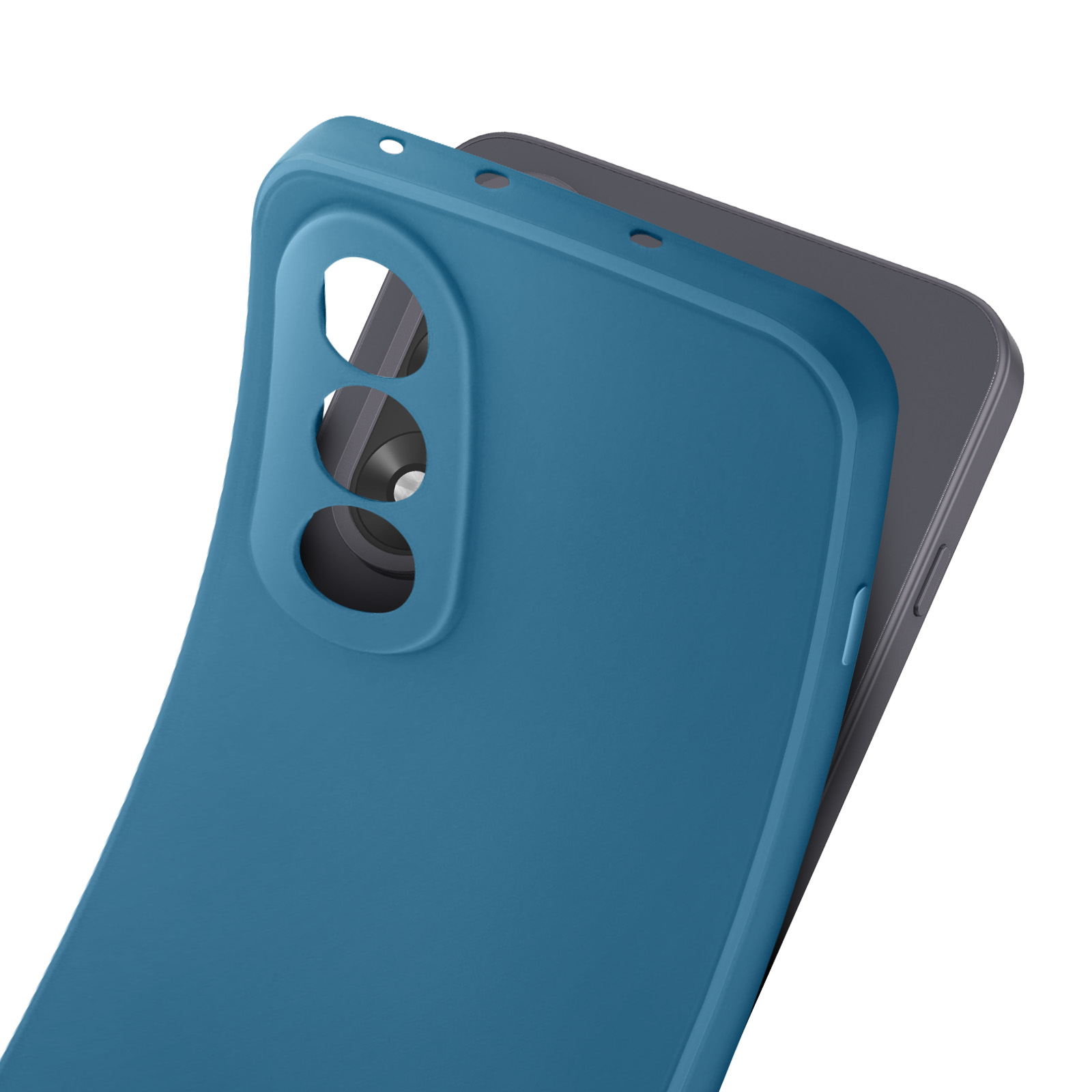 Una custodia blu copre un telefono grigio. La custodia ha dei fori per gli obiettivi della fotocamera. Sfondo bianco.
