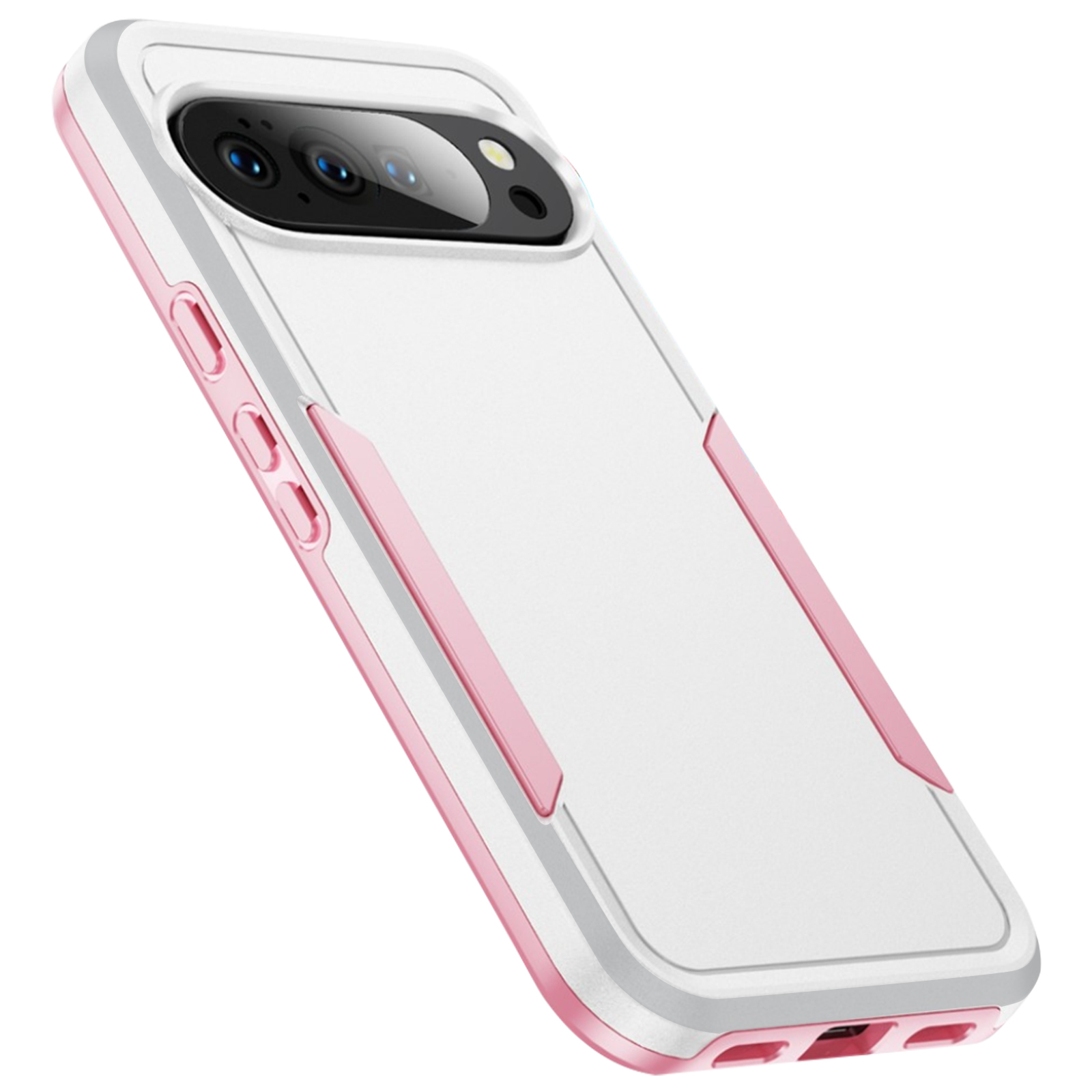 Custodia per telefono bianca e rosa, vista angolata. Presenta ritagli per fotocamera, pulsanti volume e accenti rosa.