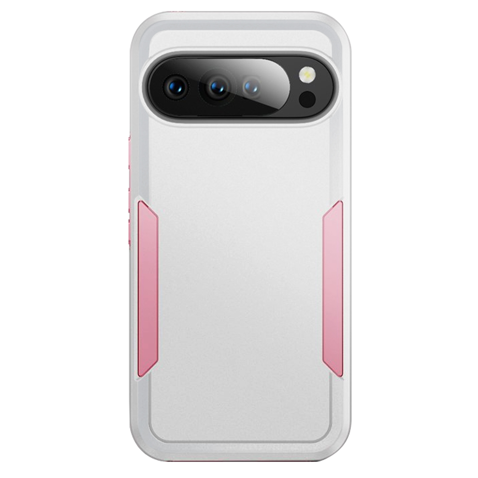 Una custodia bianca per telefono con accenti rosa. Ha ritagli per la fotocamera e un design protettivo.