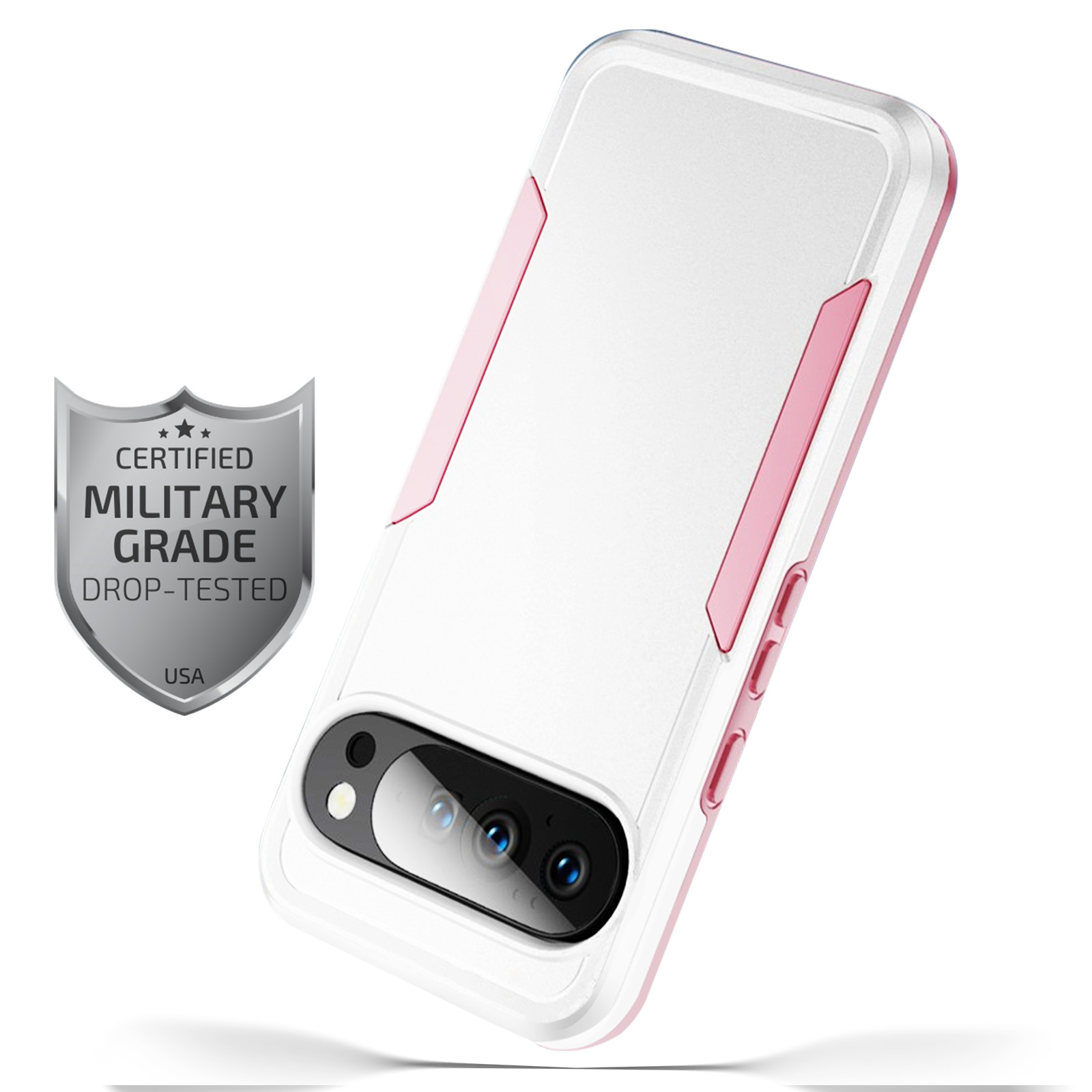 Custodia per telefono bianca e rosa. Scudo con testo 'Certified Military Grade Drop-Tested USA'. Obiettivo della fotocamera visibile.