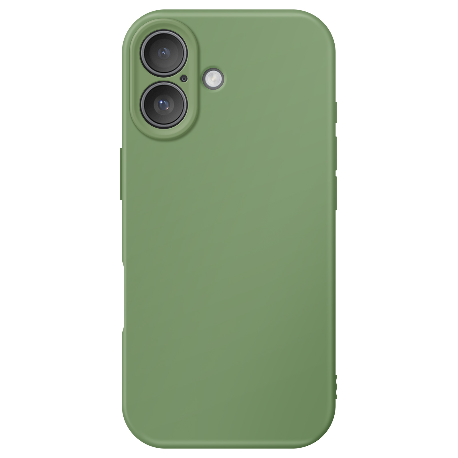 Una custodia verde per telefono con due lenti della fotocamera e un flash sul retro, su sfondo bianco.