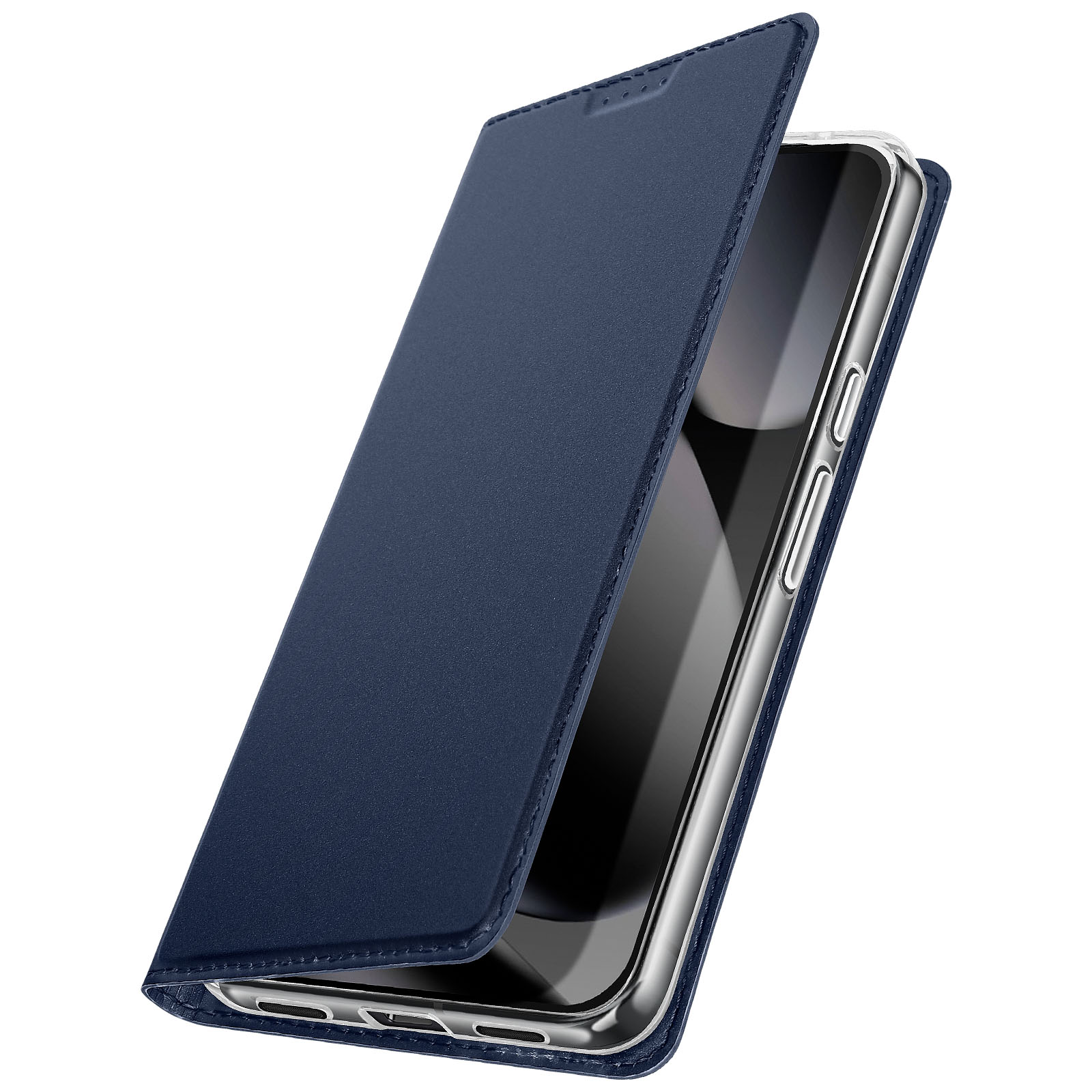 Eine blaue, offene Handyhülle, die ein Handy zeigt. Die Hülle ist strukturiert. Der Bildschirm ist schwarz.