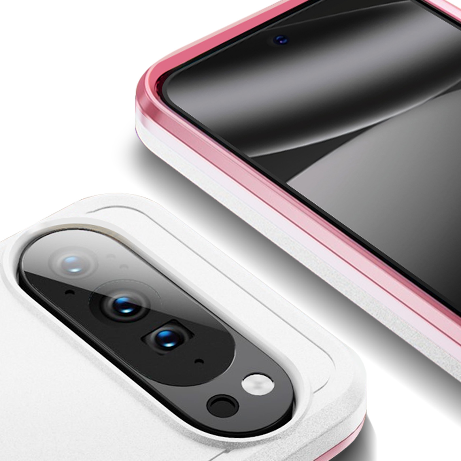 Primo piano di due fotocamere per smartphone. Un telefono ha finiture rosa, l'altro bianche. Entrambi presentano più lenti.