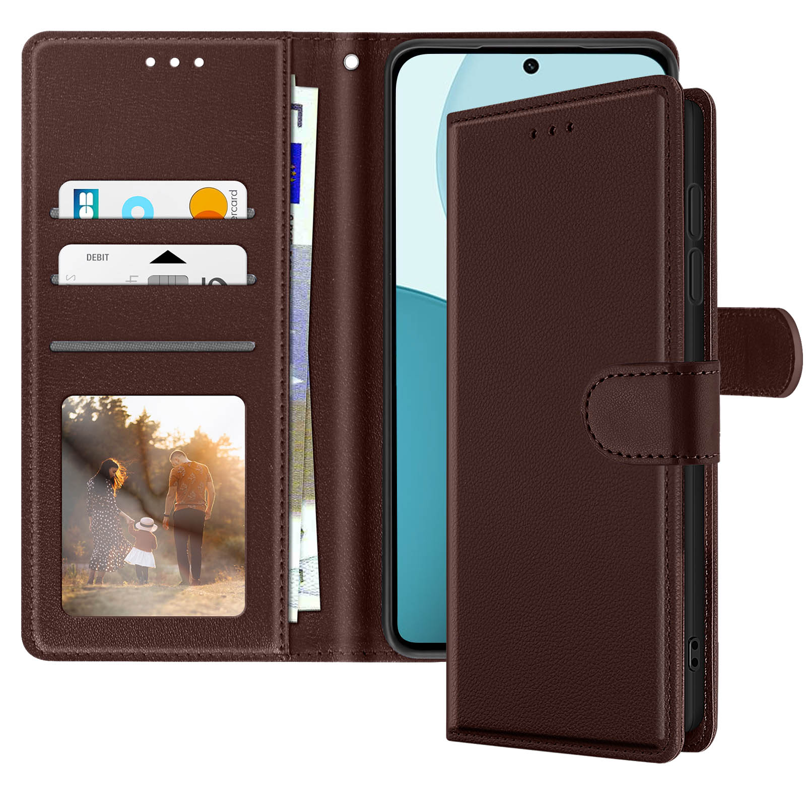 Braune Handy-Hülle, Brieftasche, mit Handy, Karten, Geld und Familienfoto. Die Hülle ist offen.
