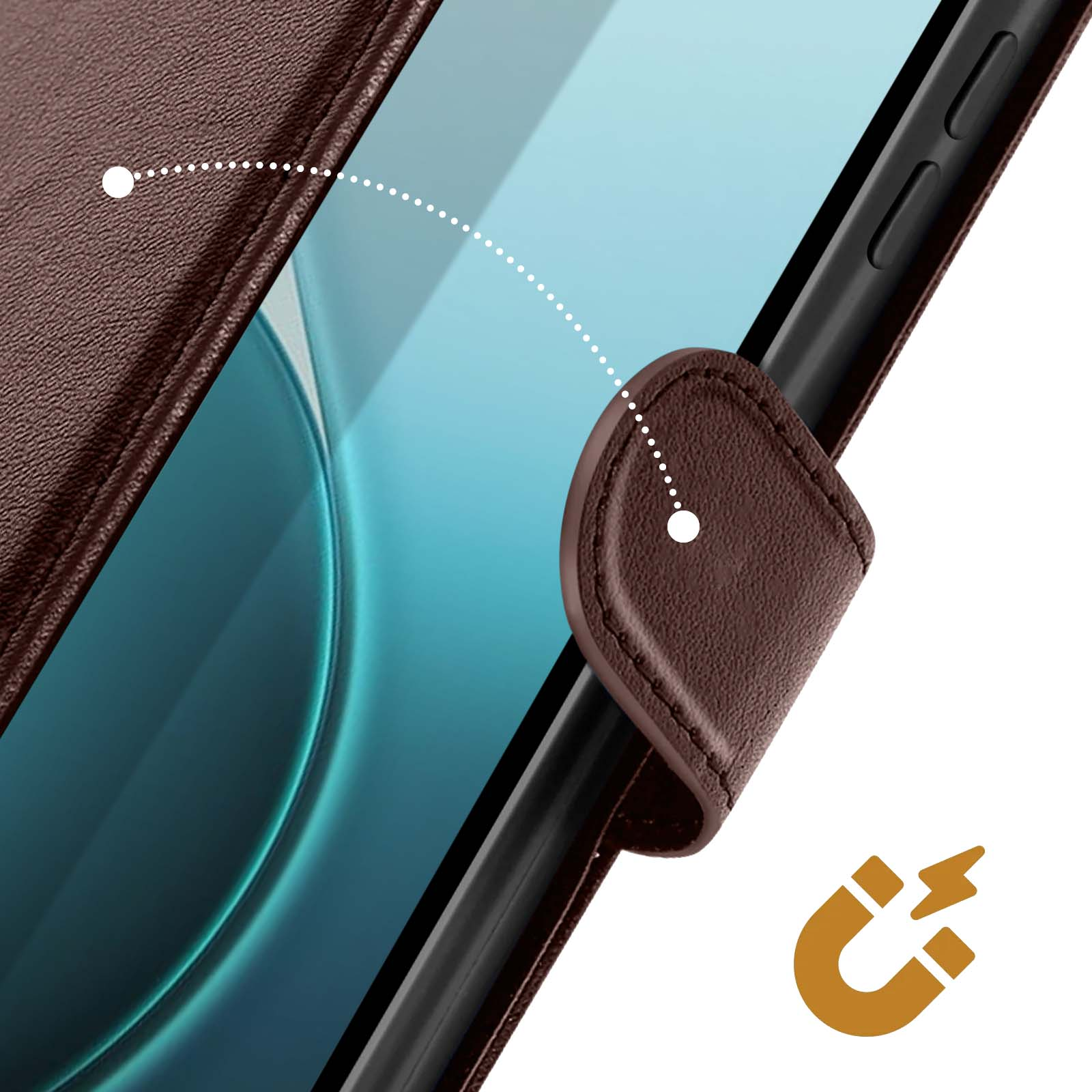 Nahaufnahme einer Handyhülle mit Magnetverschluss. Braunes Leder, blauer Bildschirm und ein Magnetsymbol.