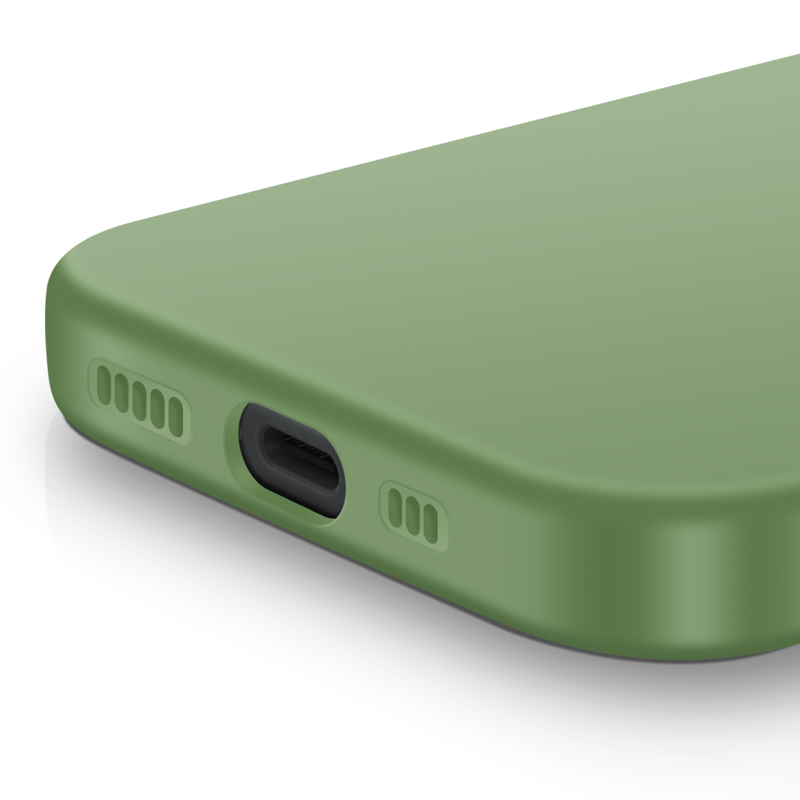 Primo piano di una custodia verde per telefono con fori per altoparlanti, porta di ricarica e pulsanti. Sfondo bianco.