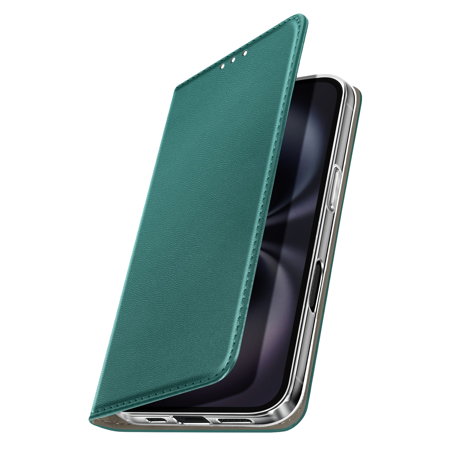 Teal telefoonhoesje gedeeltelijk open, onthult een telefoon. De hoes heeft een textuuroppervlak tegen een witte achtergrond.
