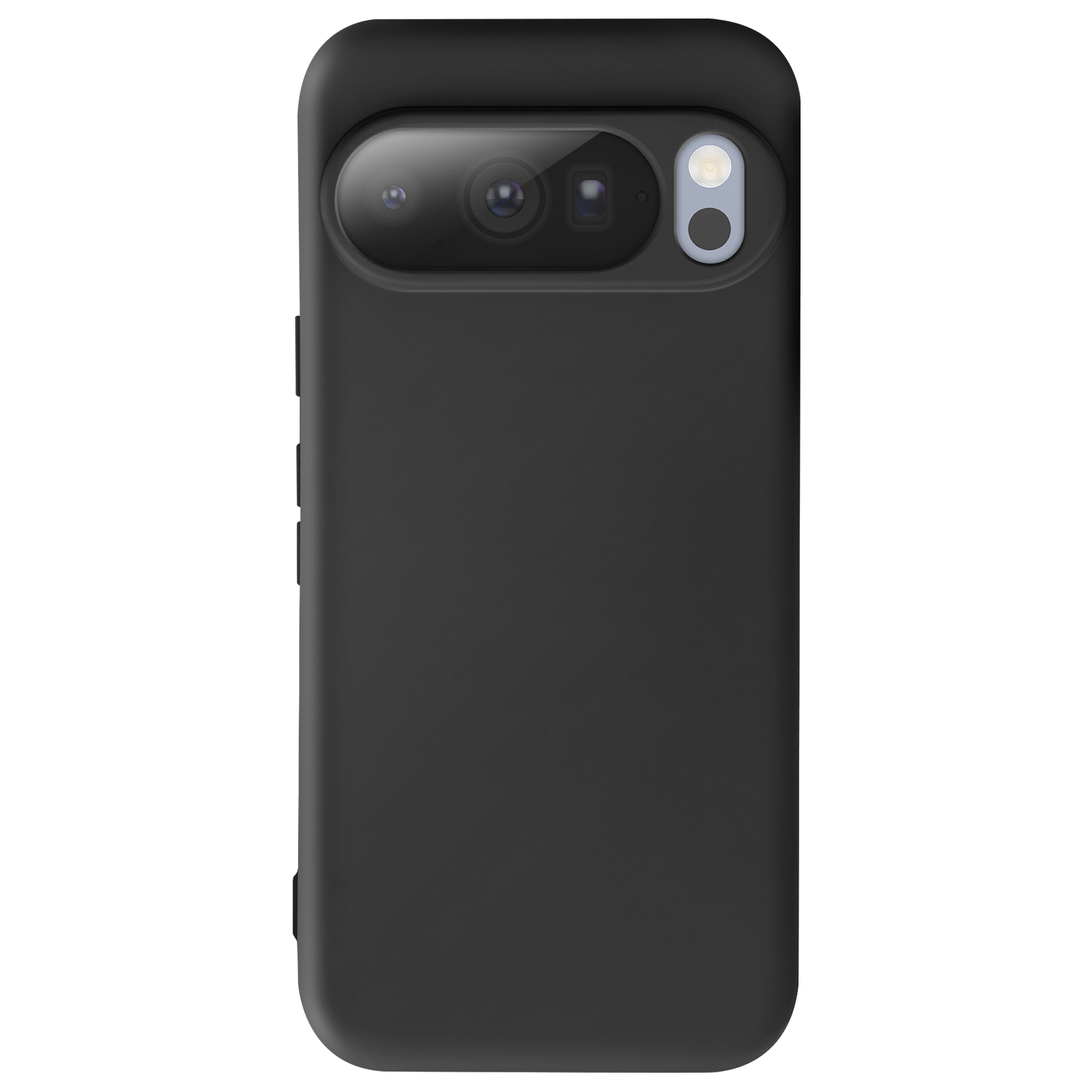 Een zwarte telefoonhoes met cameralenzen en een flitser. De hoes is rechthoekig met afgeronde hoeken.