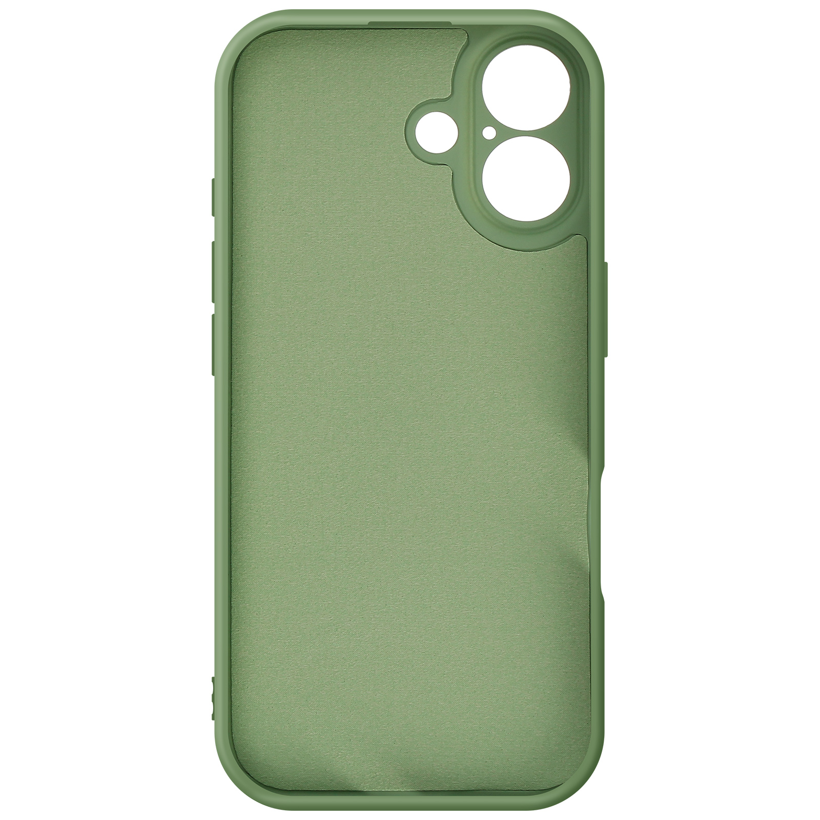 Una custodia per telefono verde oliva. Ha ritagli per la fotocamera e incavi per i pulsanti. La custodia è su sfondo bianco.