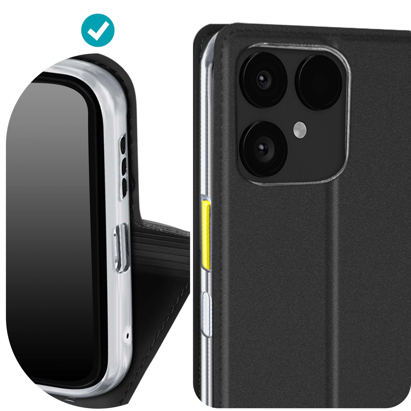 Custodia per smartphone nera, con tre obiettivi e un segno di spunta nell'angolo in alto a sinistra.