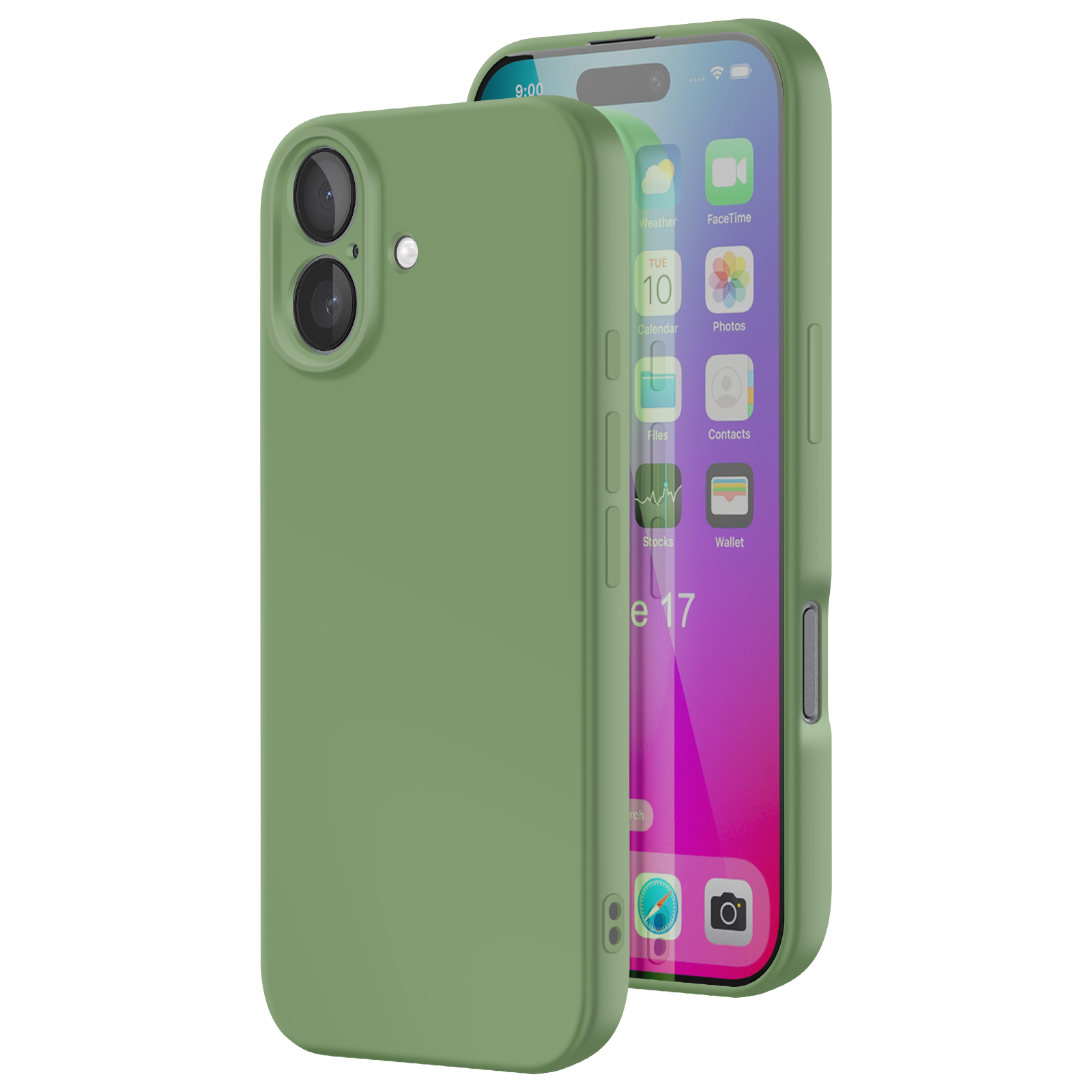 Una custodia per telefono verde oliva con un iPhone. Lo schermo mostra le icone delle app. Lo sfondo è bianco.
