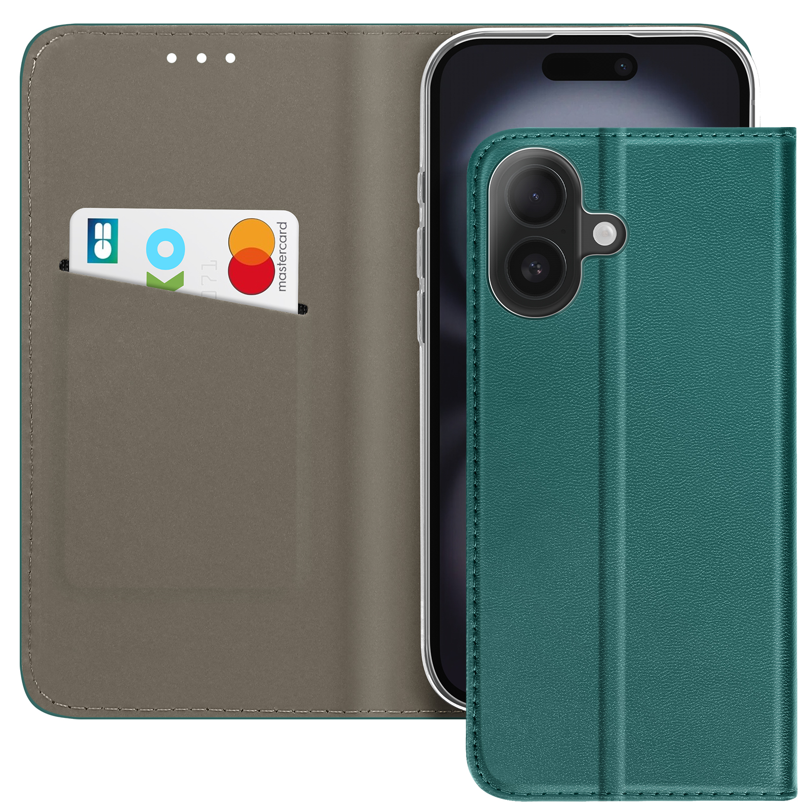 Een turkoois telefoonhoesje met een kaartsleuf met een kaart. Een smartphone zit erin. De hoes is open.