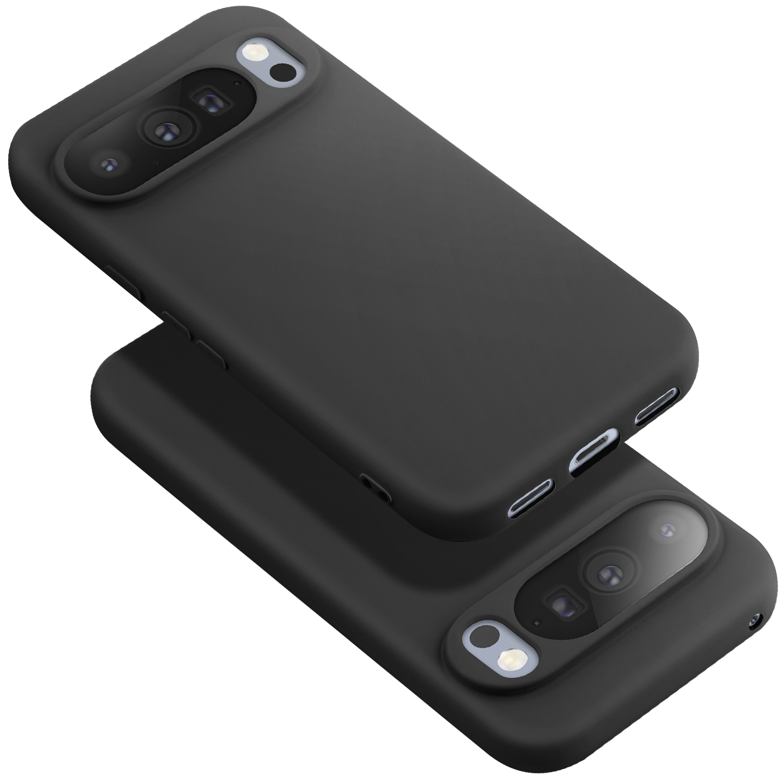 Twee zwarte telefoonhoesjes. De bovenste is iets schuin, met cameralenzen en een flitser. De onderste hoes zit eronder.