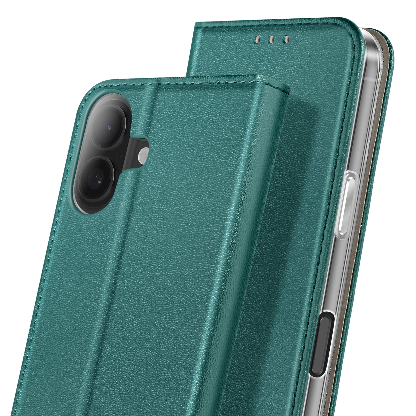 Close-up van een teal telefoonhoesje met een telefoon erin. De hoes is leerachtig, met zichtbare stiksels.