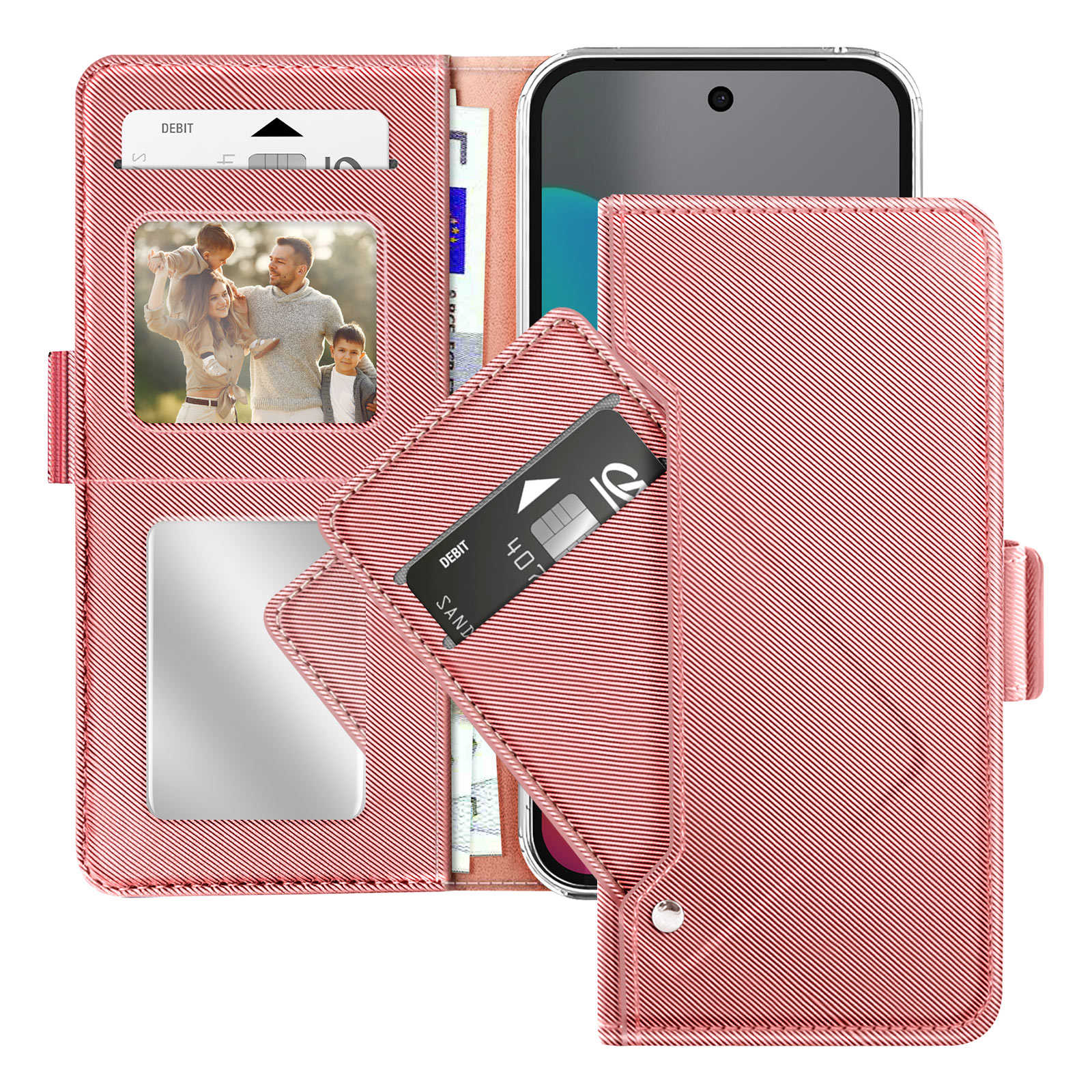 Custodia rosa per telefono con telefono all'interno. Include slot per carte, foto di famiglia e carta di debito.