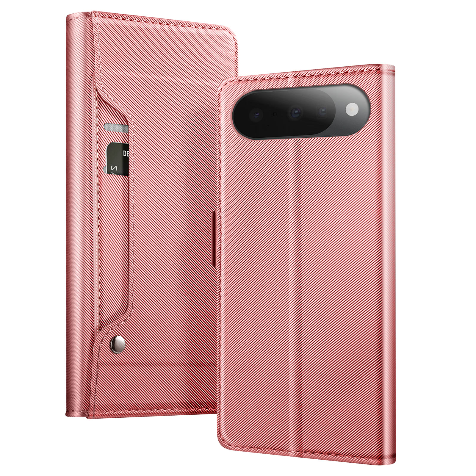 Una custodia rosa per telefono con slot per carte. È aperta, rivelando la fotocamera del telefono. La custodia ha una superficie strutturata.