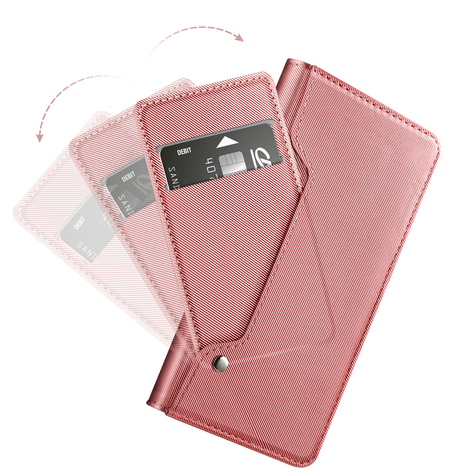 Un portacarte rosso con una carta di debito è mostrato. Il portacarte è parzialmente aperto, mostrando una carta all'interno. Sfondo bianco.