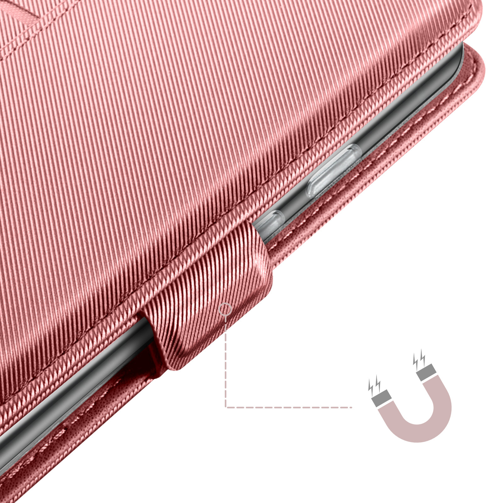 Custodia per telefono oro rosa con superficie strutturata. Sono visibili una chiusura magnetica e un'icona a calamita. È visibile anche il bordo del telefono.