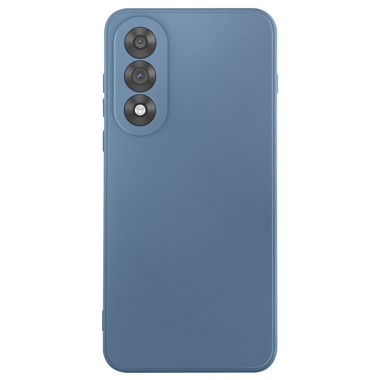 Rückseite eines blauen Smartphones mit drei Kameraobjektiven und einem Blitz, alle vertikal ausgerichtet.