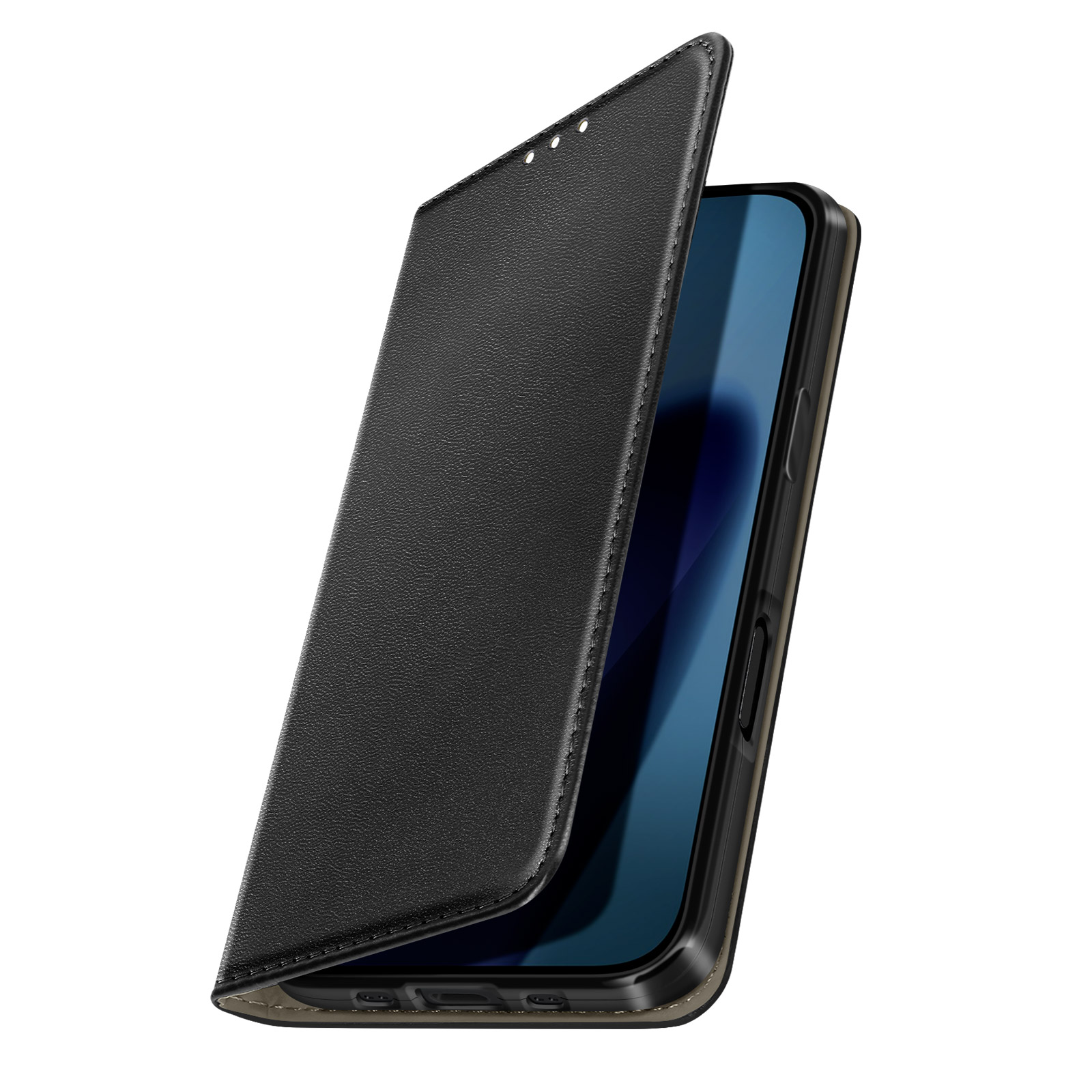Una custodia per telefono in pelle nera è aperta, rivelando un telefono. La custodia è strutturata. Lo schermo del telefono è blu. Sfondo bianco.