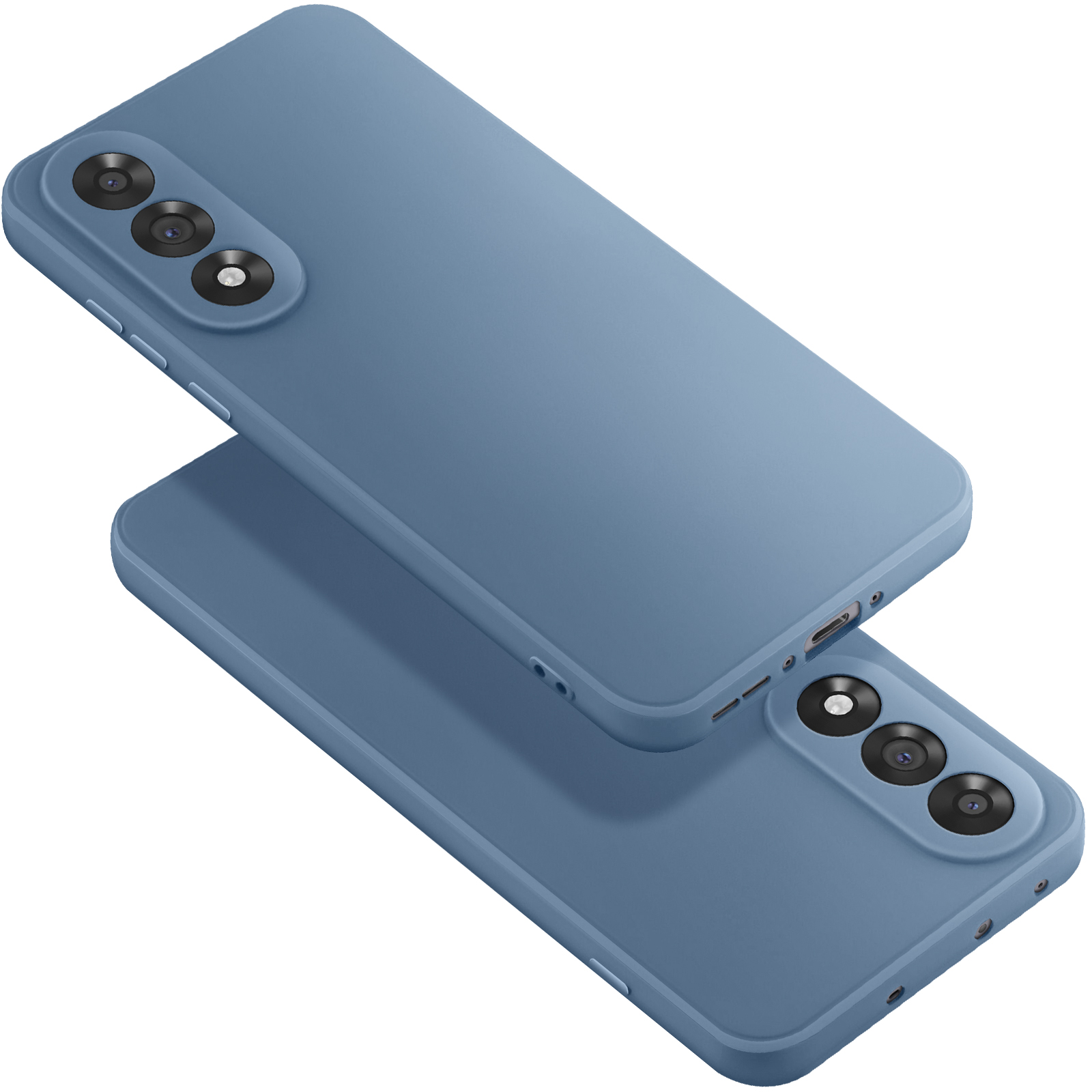 Zwei blaue Handyhüllen, eine über der anderen, die Kamera- und Tastendetails auf weißem Hintergrund zeigen.